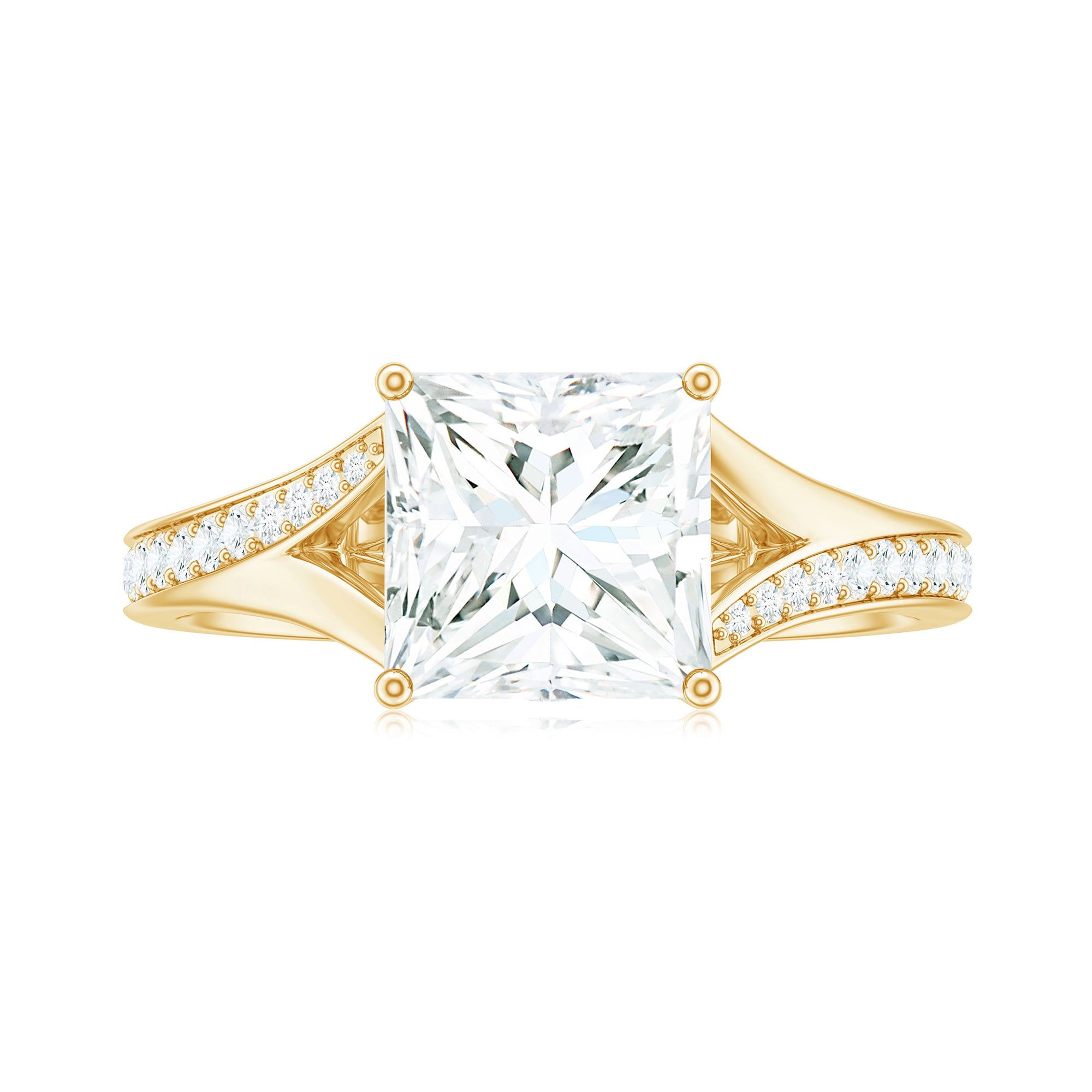 Rosec Jewels-Princess Cut Moissanite Gold Solitaire Engagement Ring in Split Shank