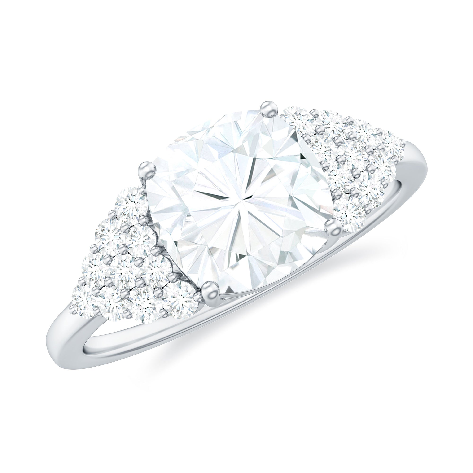 Rosec Jewels-Cushion Moissanite Solitaire Engagement Ring with Side Stones