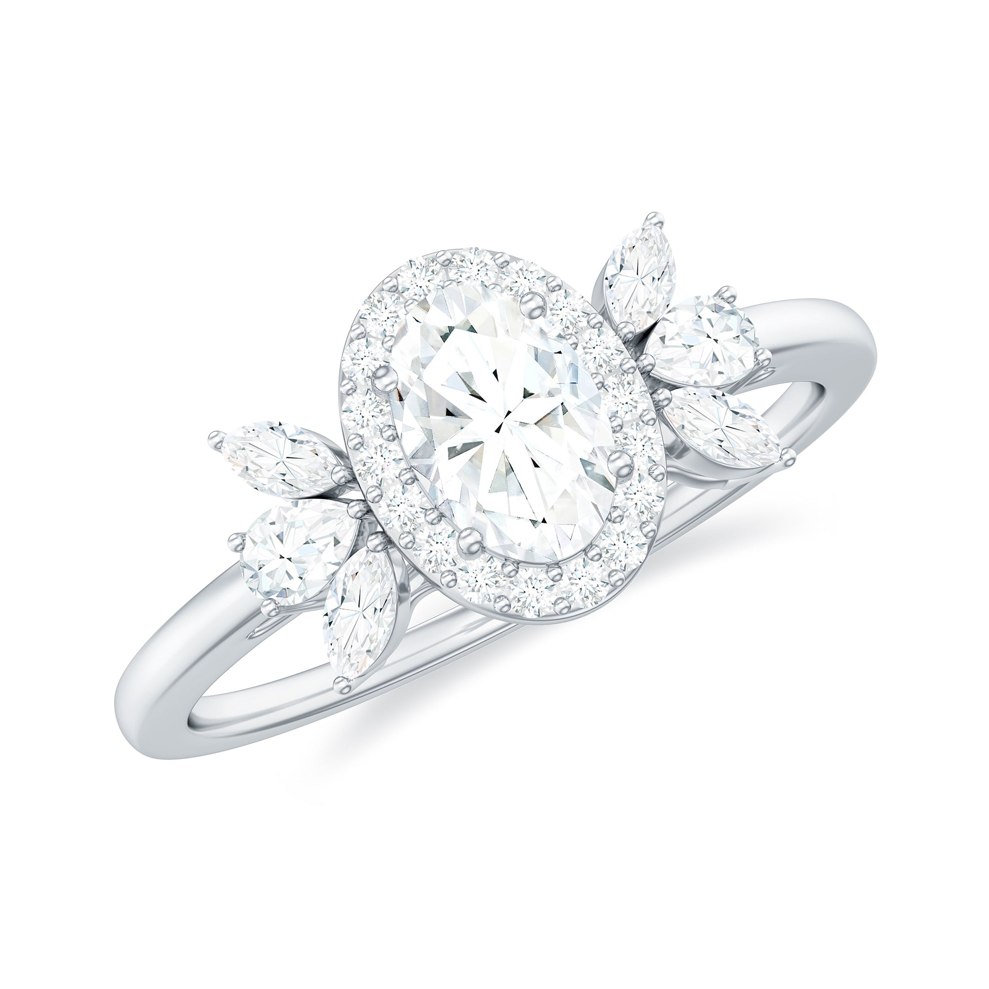 Rosec Jewels-Oval Moissanite Cluster Engagement Ring with Halo