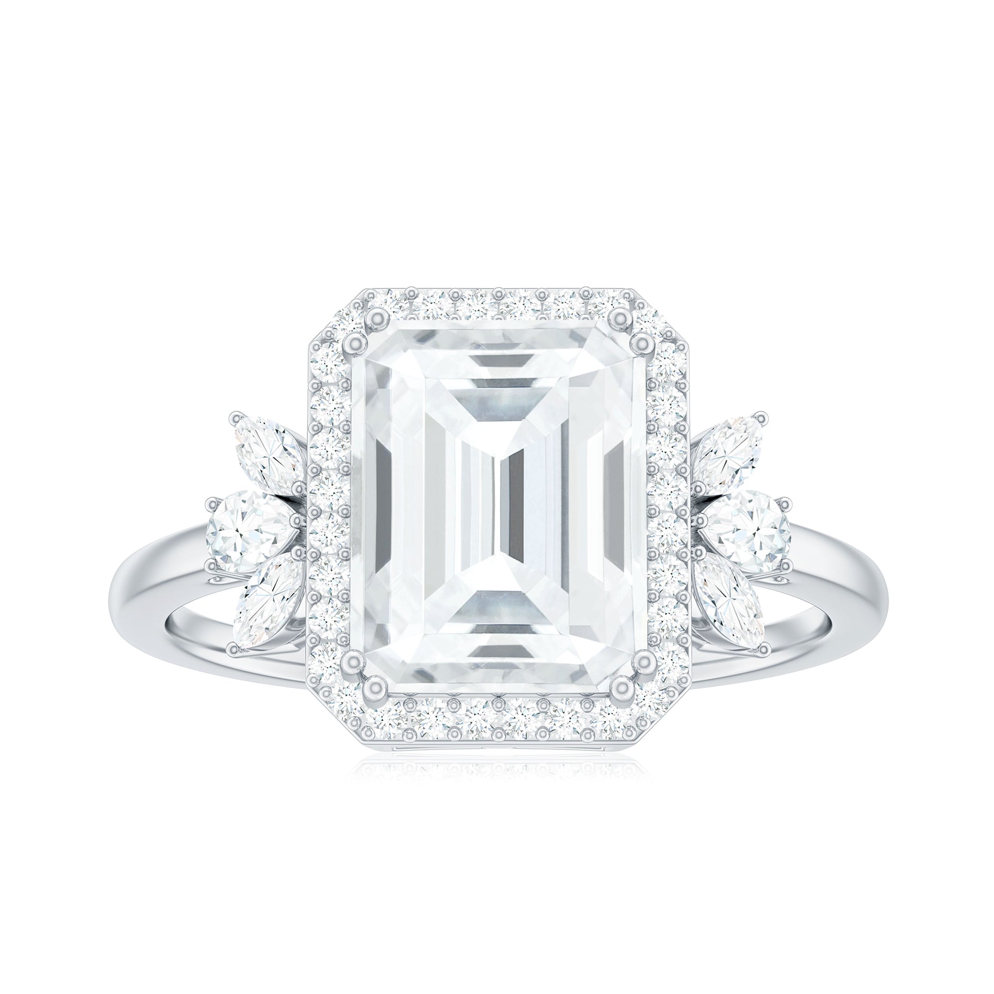 Rosec Jewels-Emerald Cut Moissanite Engagement Ring with Halo