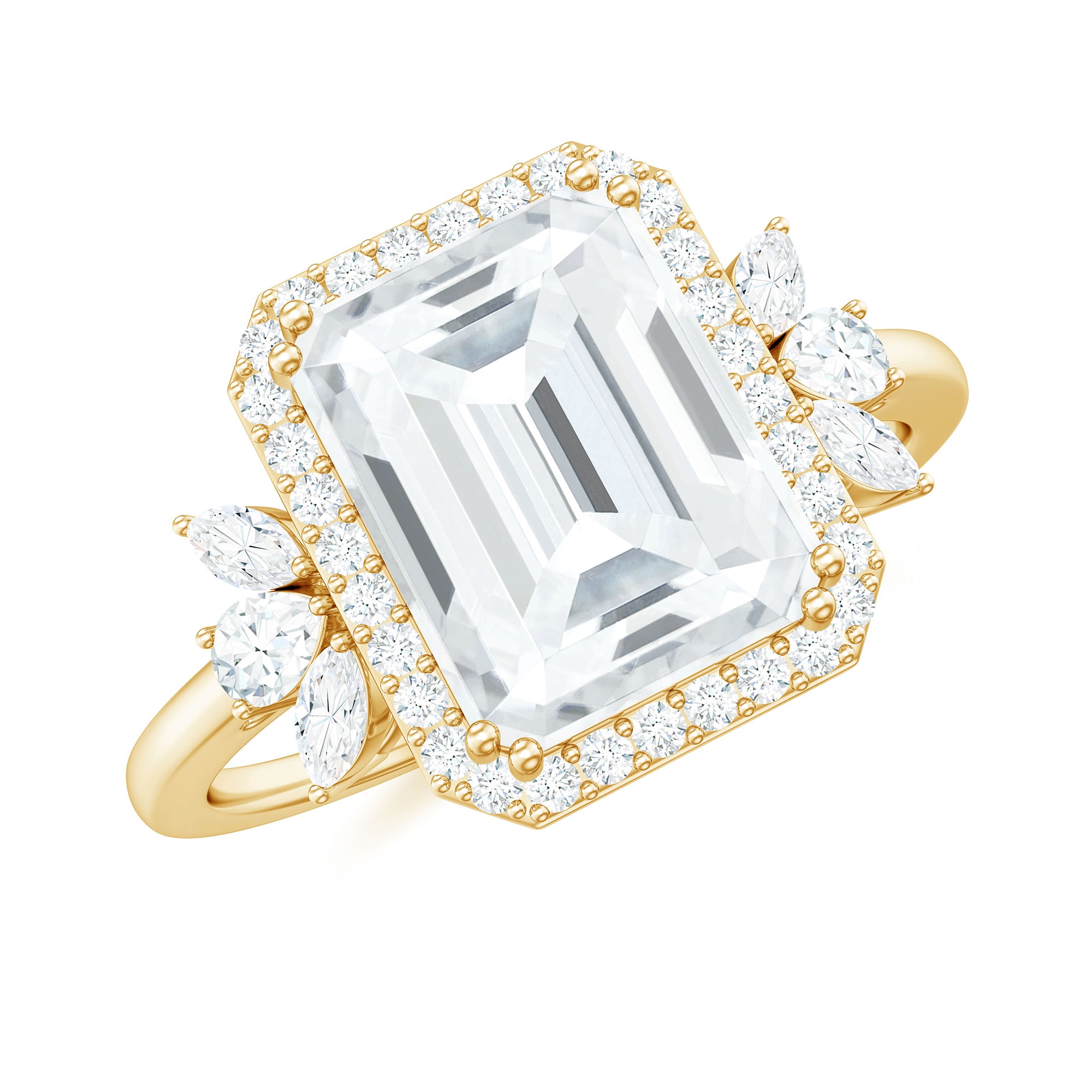 Rosec Jewels-Emerald Cut Moissanite Engagement Ring with Halo