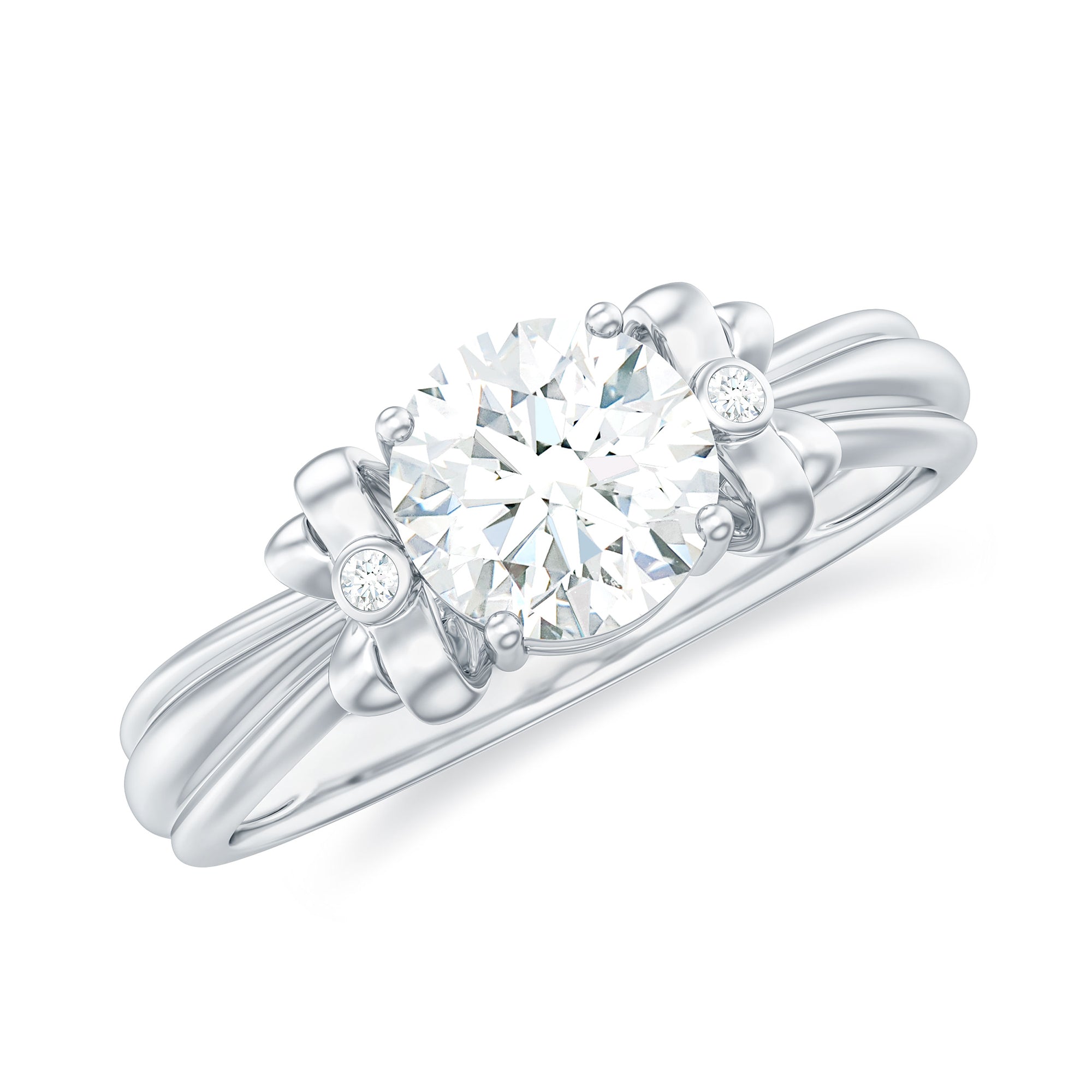 Rosec Jewels-Round Cut Moissanite Solitaire Engagement Ring with Bow