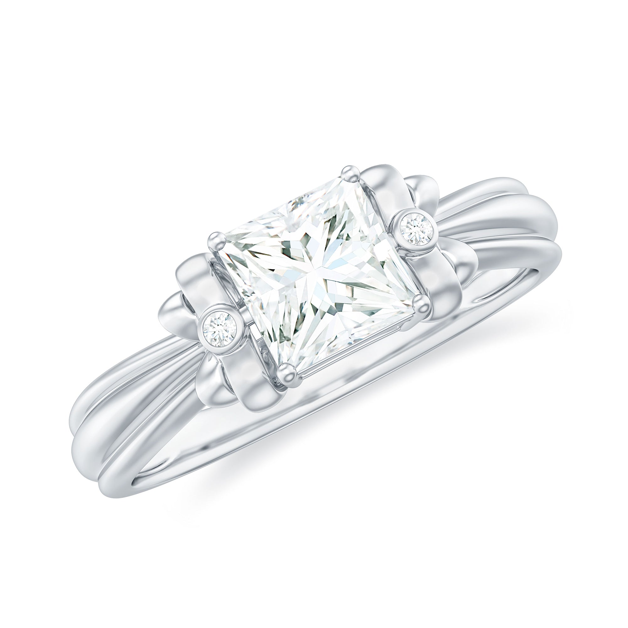 Rosec Jewels-Princess Cut Moissanite Solitaire Engagement Ring with Bow