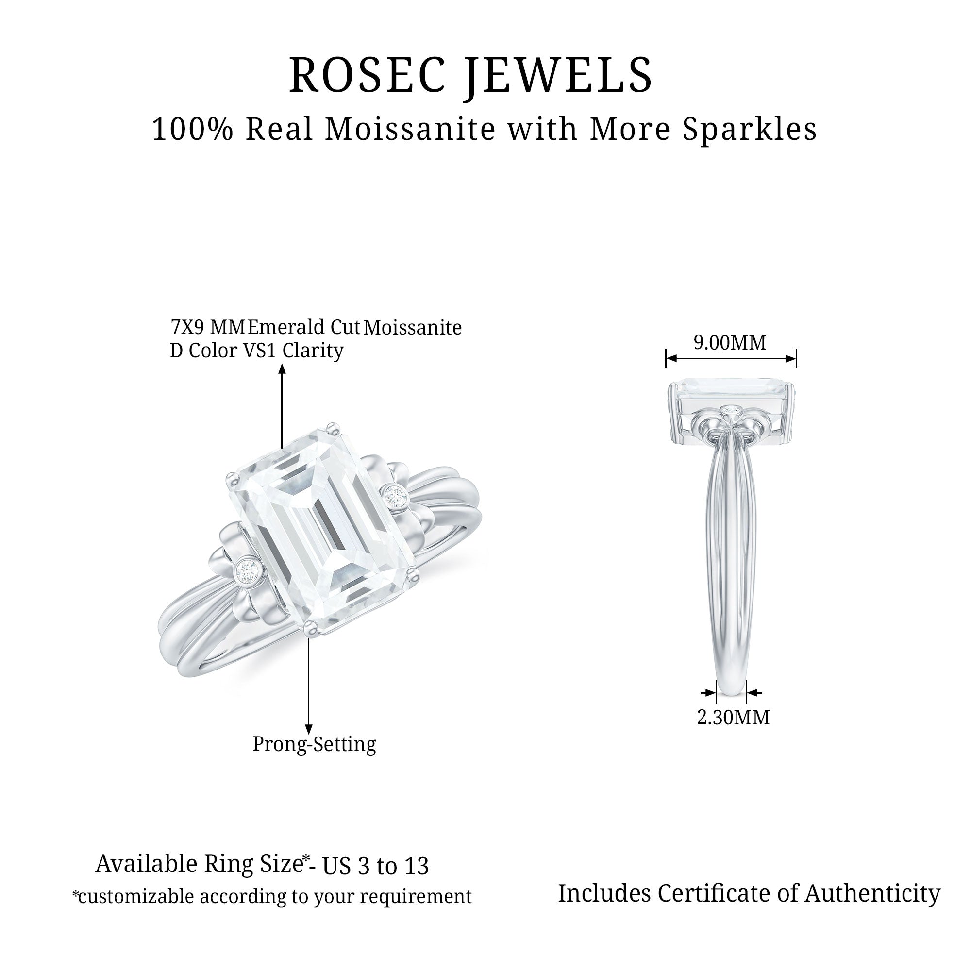 Rosec Jewels-Emerald Cut Moissanite Solitaire Engagement Ring with Bow