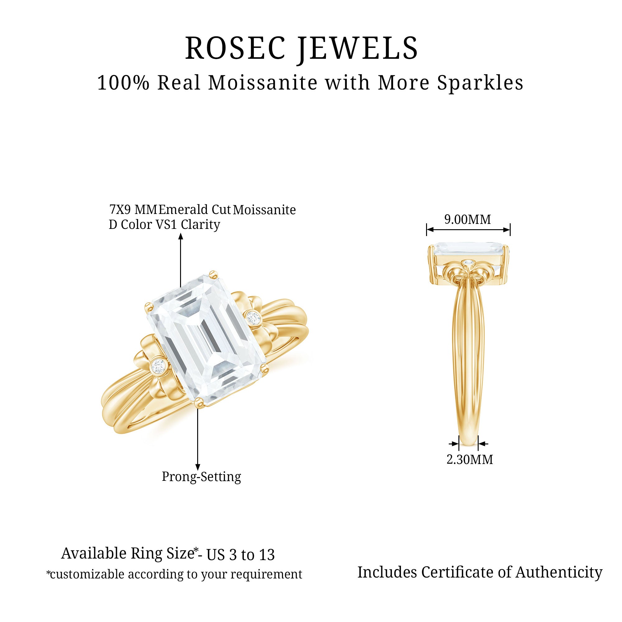 Rosec Jewels-Emerald Cut Moissanite Solitaire Engagement Ring with Bow