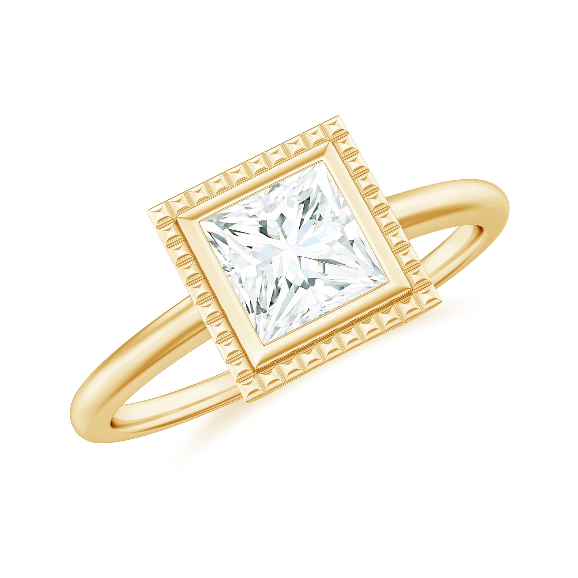 Rosec Jewels-Princess Cut Moissanite Solitaire Gold Engagement Ring in Bezel Setting