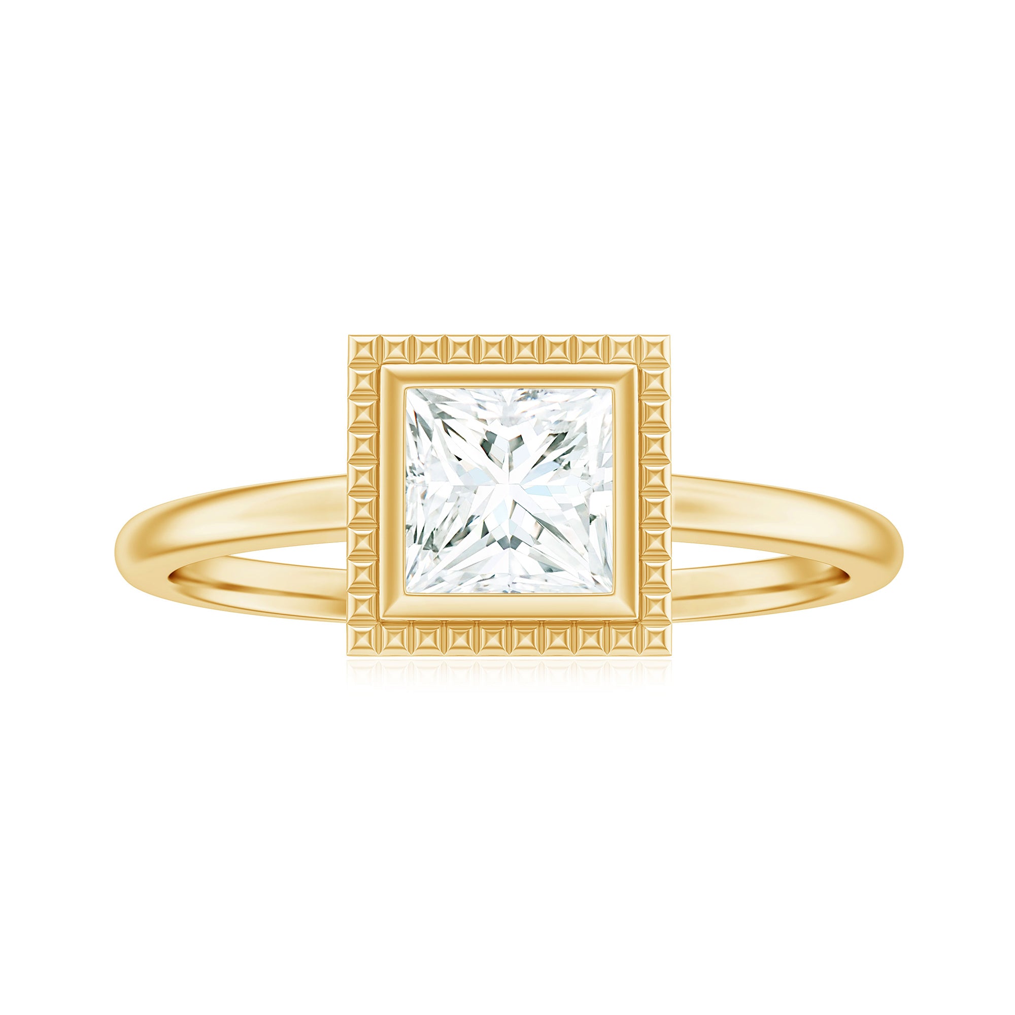 Rosec Jewels-Princess Cut Moissanite Solitaire Gold Engagement Ring in Bezel Setting