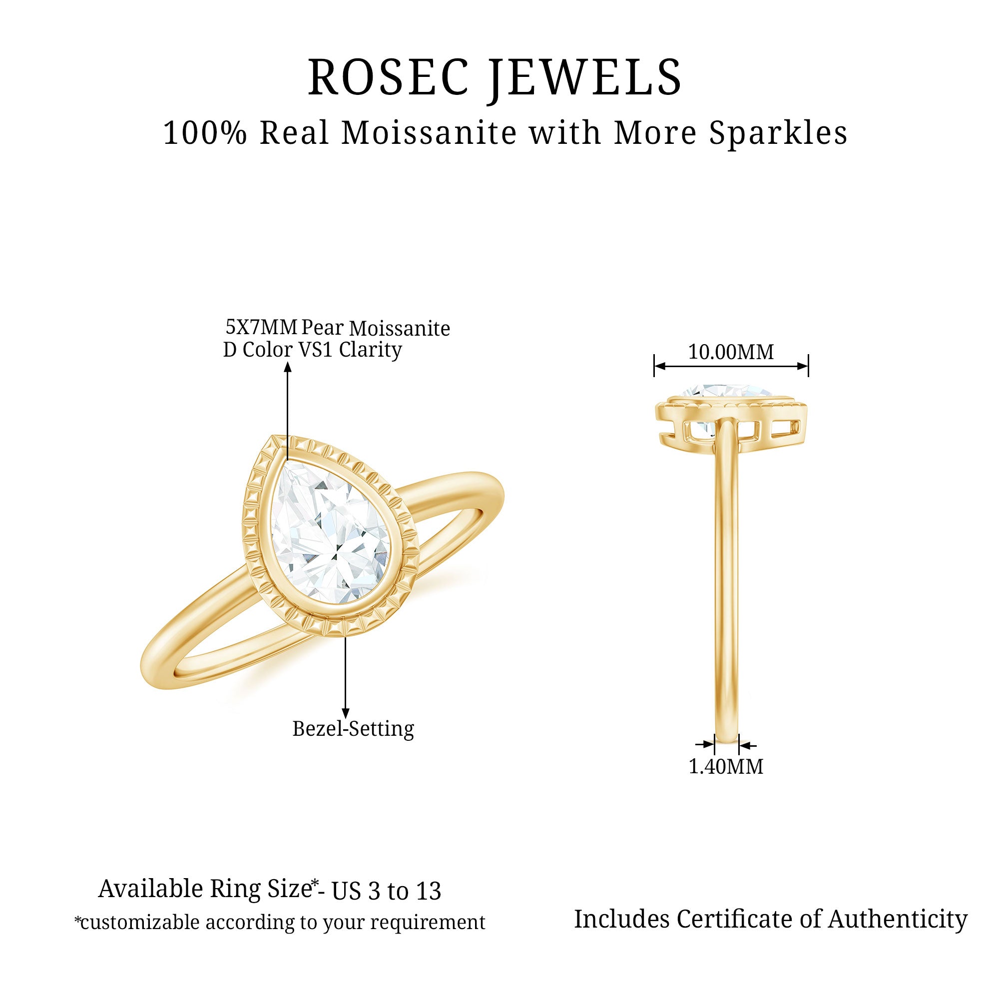 Rosec Jewels-Pear Cut Moissanite Solitaire Gold Engagement Ring in Bezel Setting