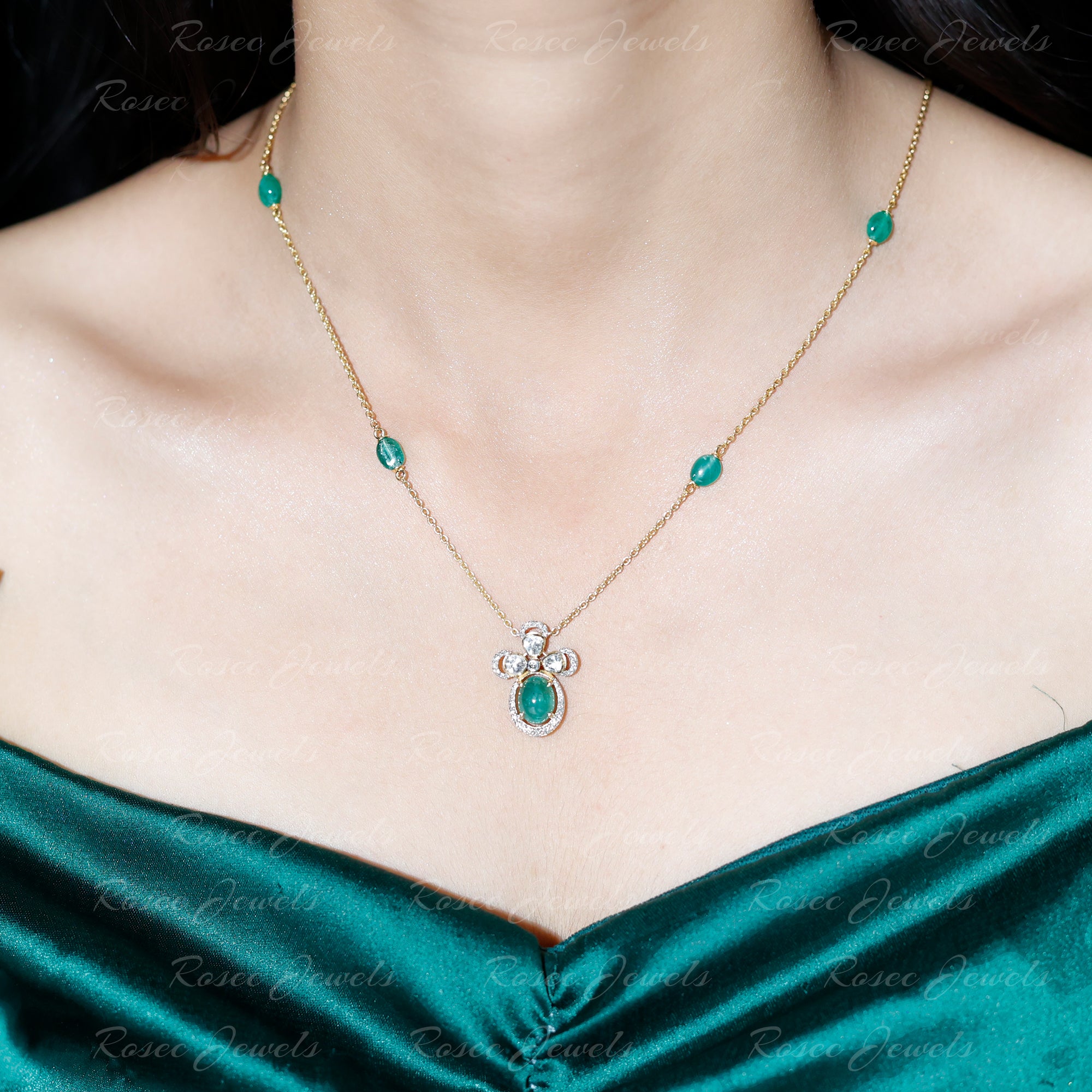 Diamond Polki and Emerald Flower Necklace 18K Yellow Gold - Rosec Jewels