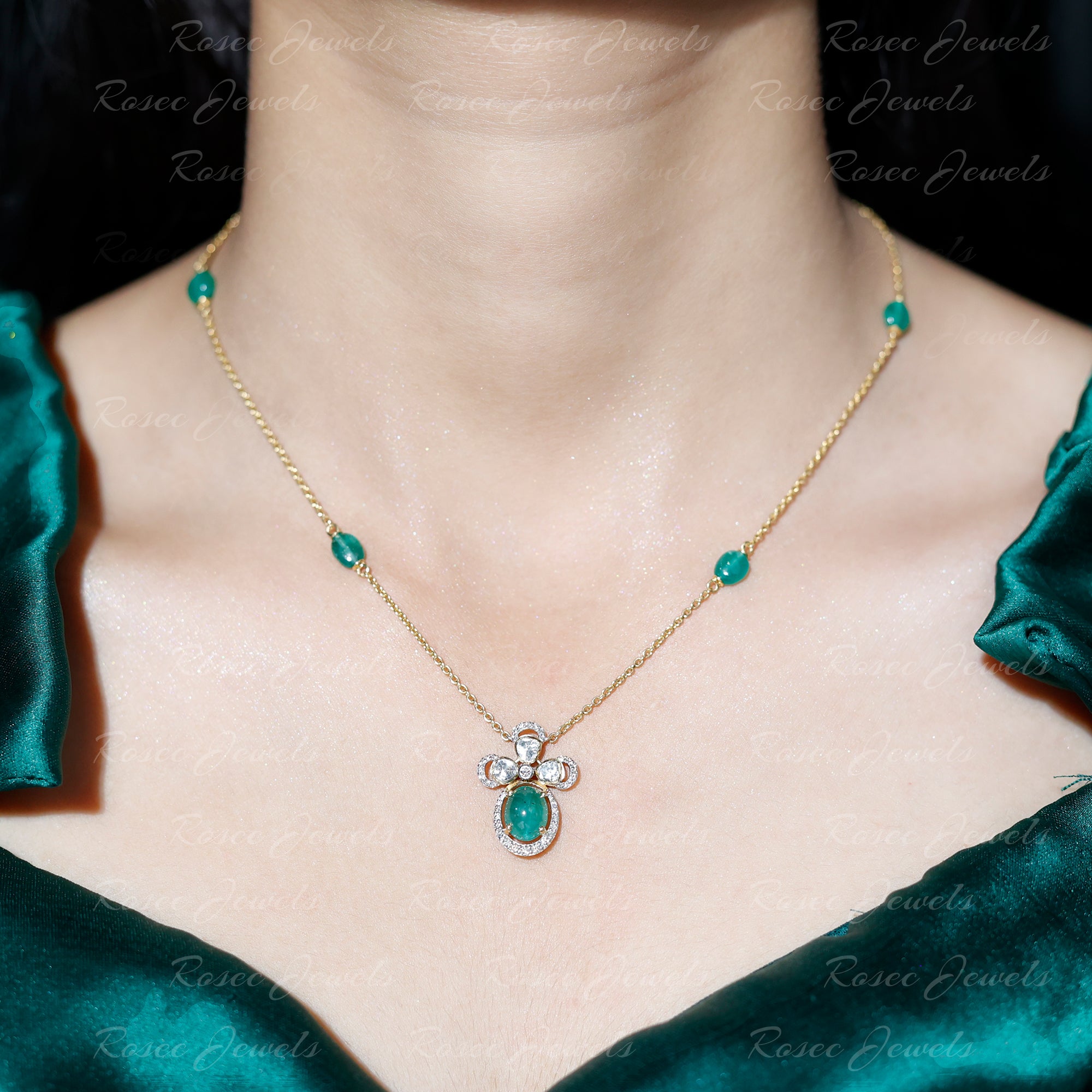 Diamond Polki and Emerald Flower Necklace 18K Yellow Gold - Rosec Jewels