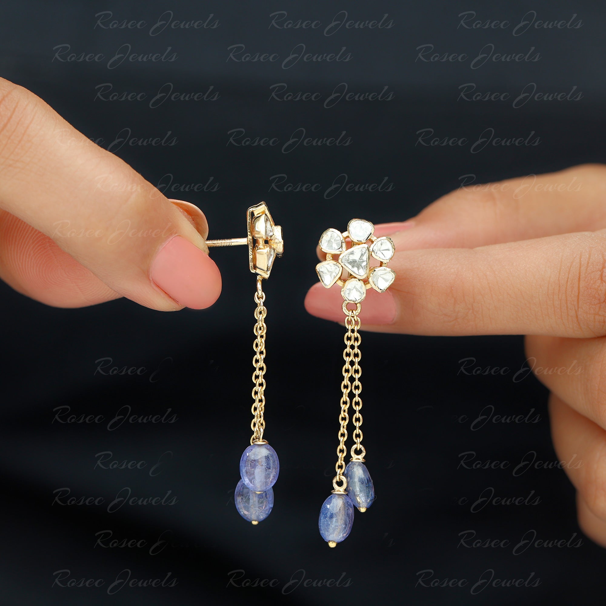 Floral Polki Diamond and Tanzanite Dangle Earrings 14K Yellow Gold - Rosec Jewels