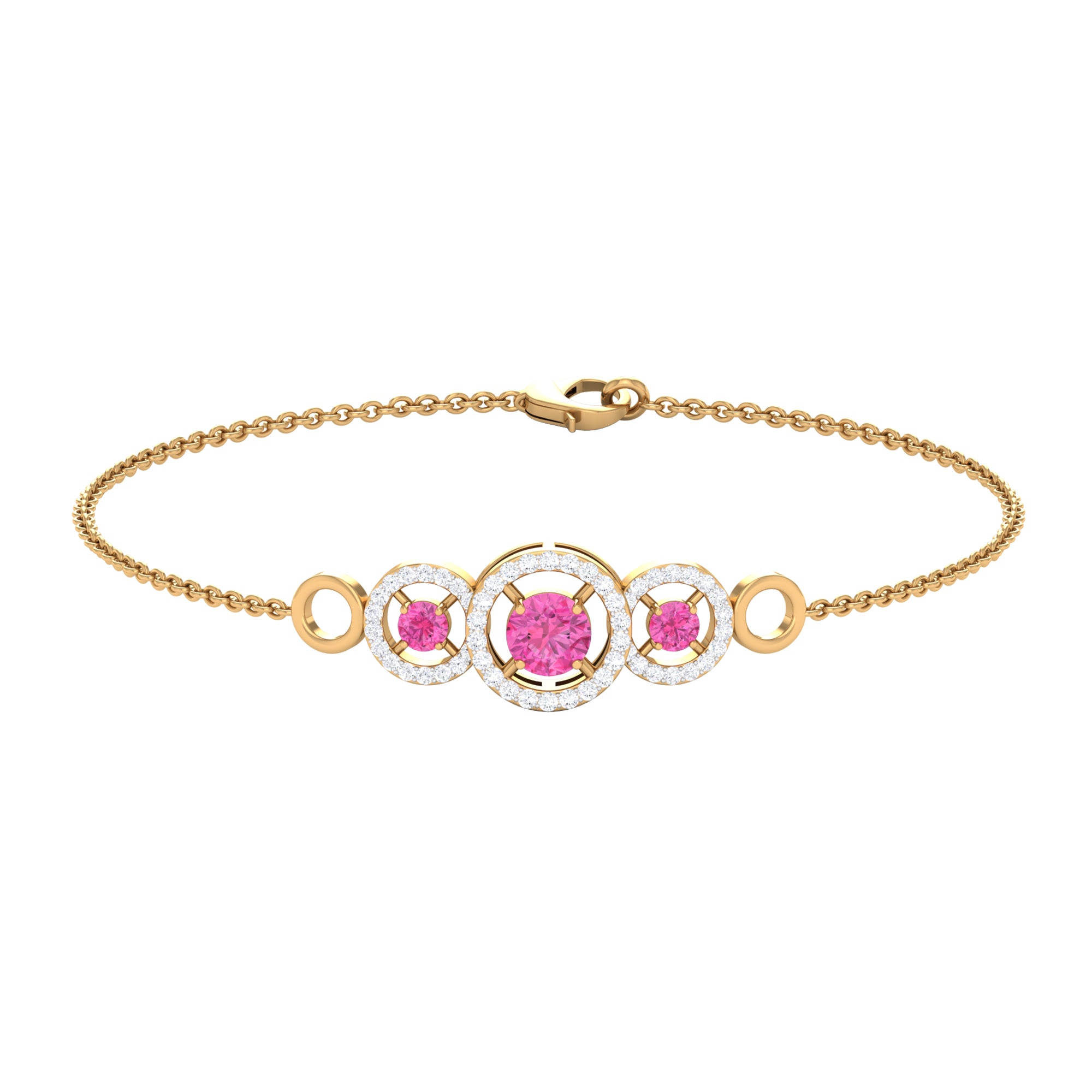 Designer Pink Sapphire and Diamond Three Stone Bracelet Pink Sapphire - ( AAA ) - Quality - Rosec Jewels