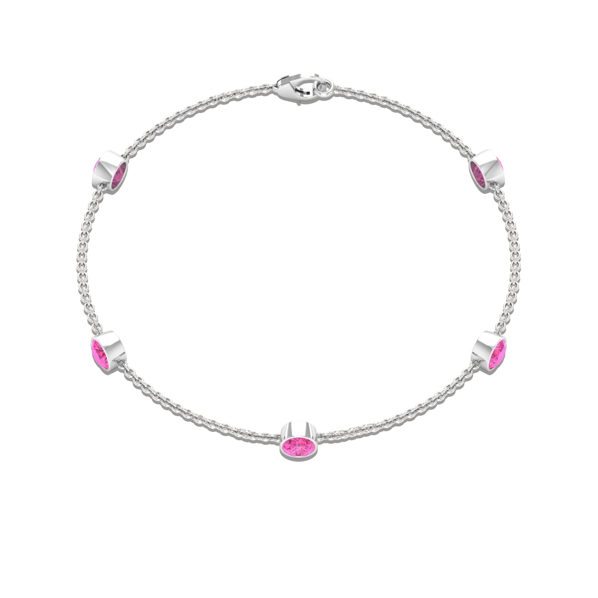 Bezel Set Pink Sapphire Five Stone Station Chain Bracelet Pink Sapphire - ( AAA ) - Quality - Rosec Jewels