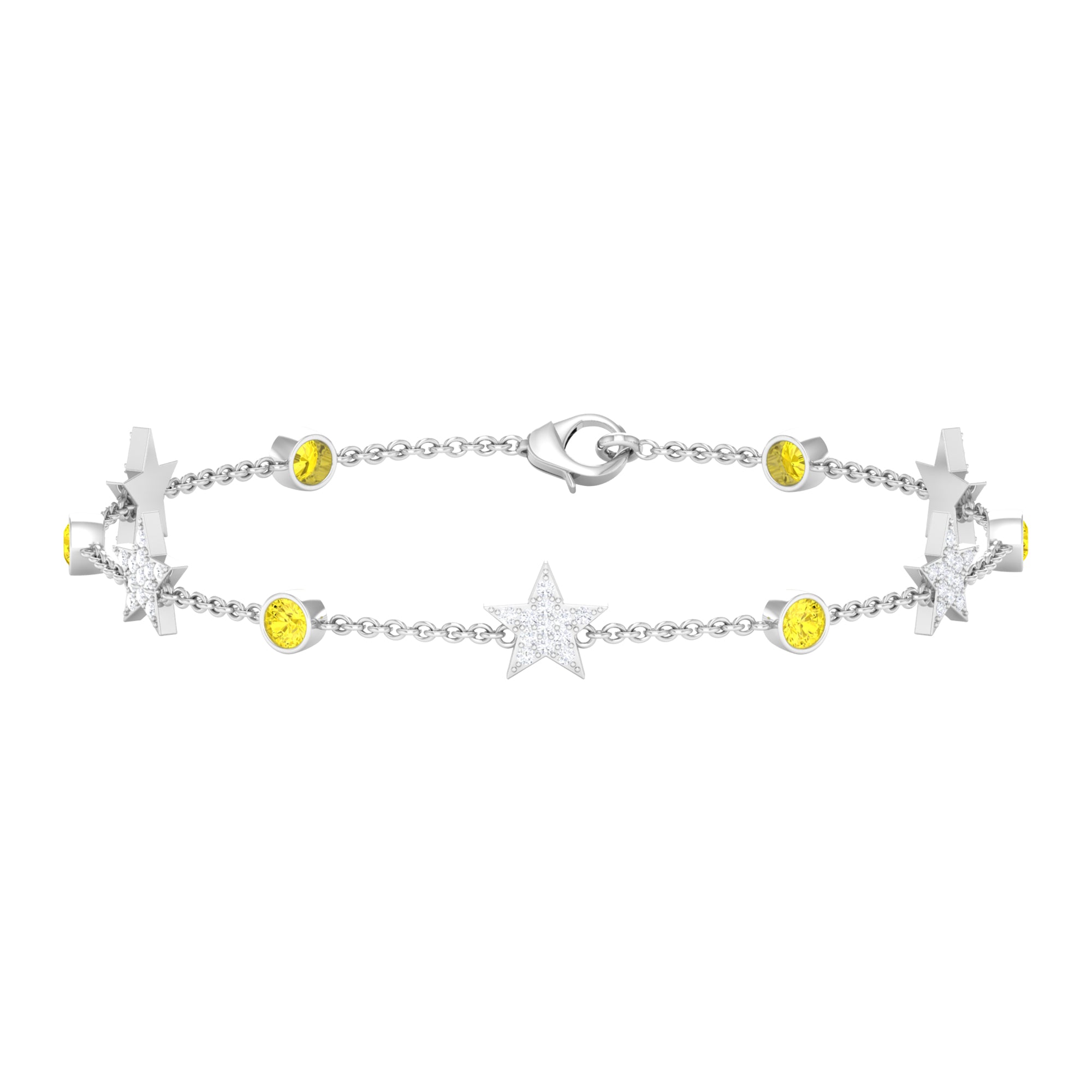 Round Yellow Sapphire and Diamond Star Station Chain Bracelet Yellow Sapphire - ( AAA ) - Quality - Rosec Jewels