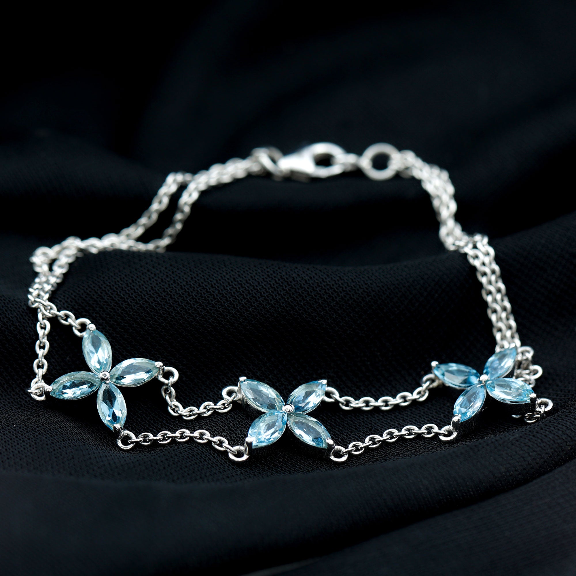 Marquise Cut Aquamarine Floral Double Chain Bracelet Aquamarine - ( AAA ) - Quality - Rosec Jewels