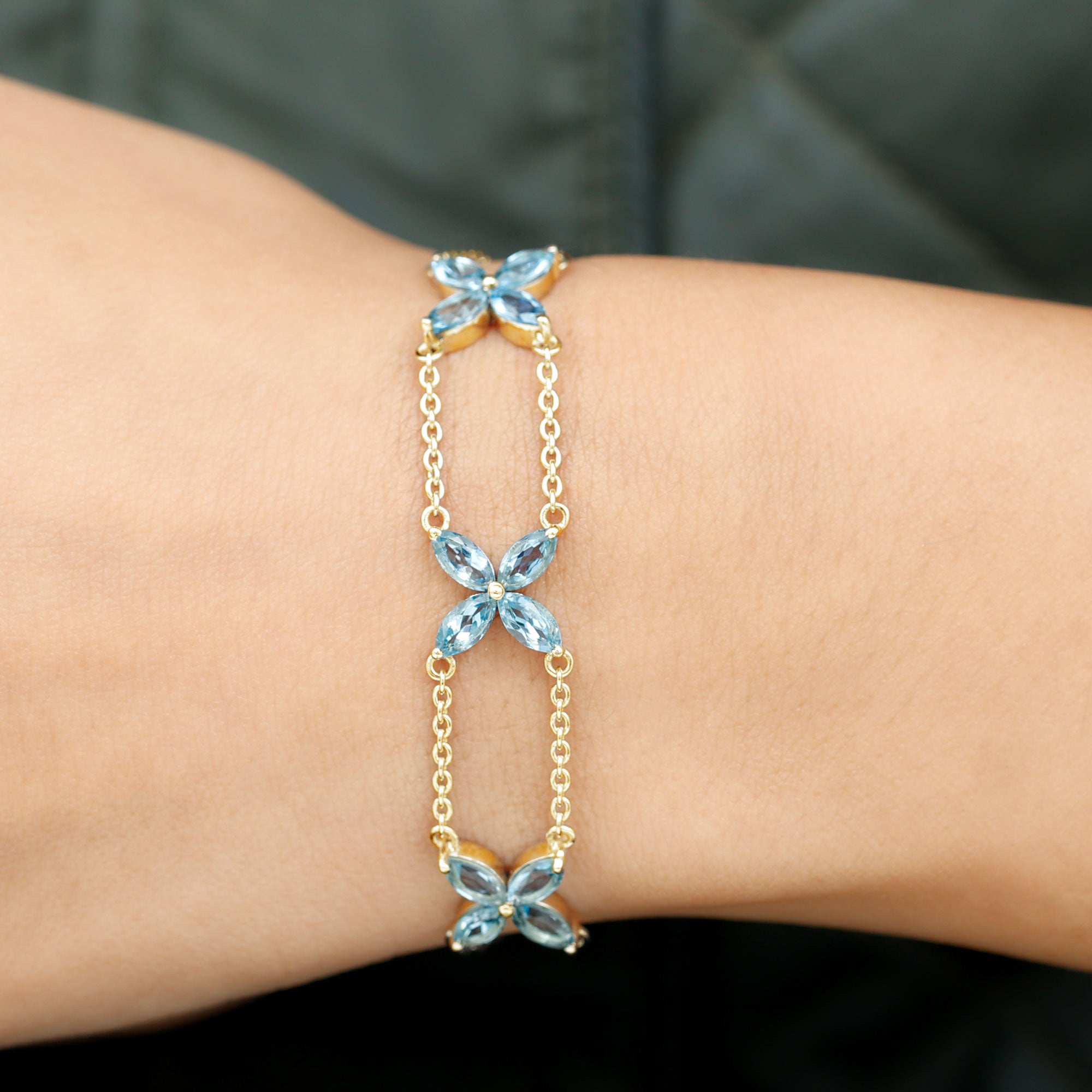 Marquise Cut Aquamarine Floral Double Chain Bracelet Aquamarine - ( AAA ) - Quality - Rosec Jewels