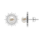 Freshwater Pearl Sunburst Stud Earrings with Diamond Halo Freshwater Pearl - ( AAA ) - Quality - Rosec Jewels