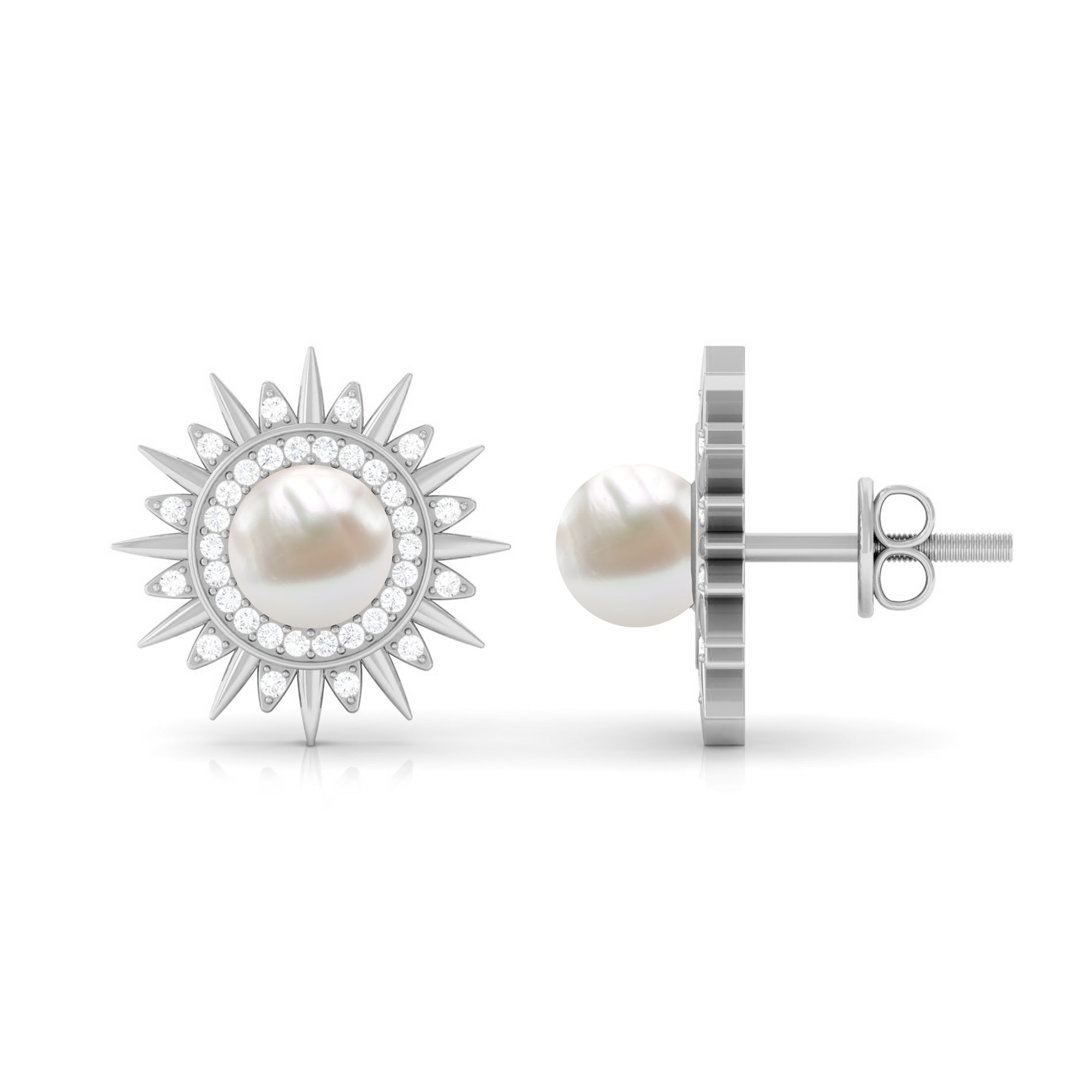 Freshwater Pearl Sunburst Stud Earrings with Diamond Halo Freshwater Pearl - ( AAA ) - Quality - Rosec Jewels