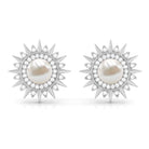 Freshwater Pearl Sunburst Stud Earrings with Diamond Halo Freshwater Pearl - ( AAA ) - Quality - Rosec Jewels