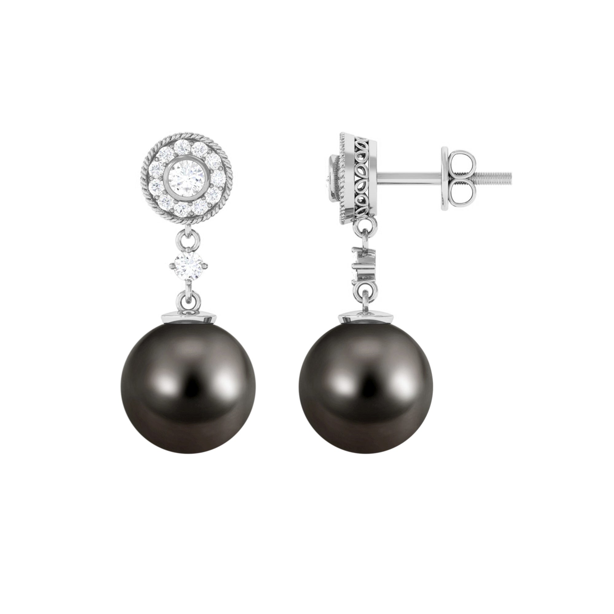 15.5 CT Tahitian Pearl Dangle Earrings with Diamond Stones Tahitian pearl - ( AAA ) - Quality - Rosec Jewels