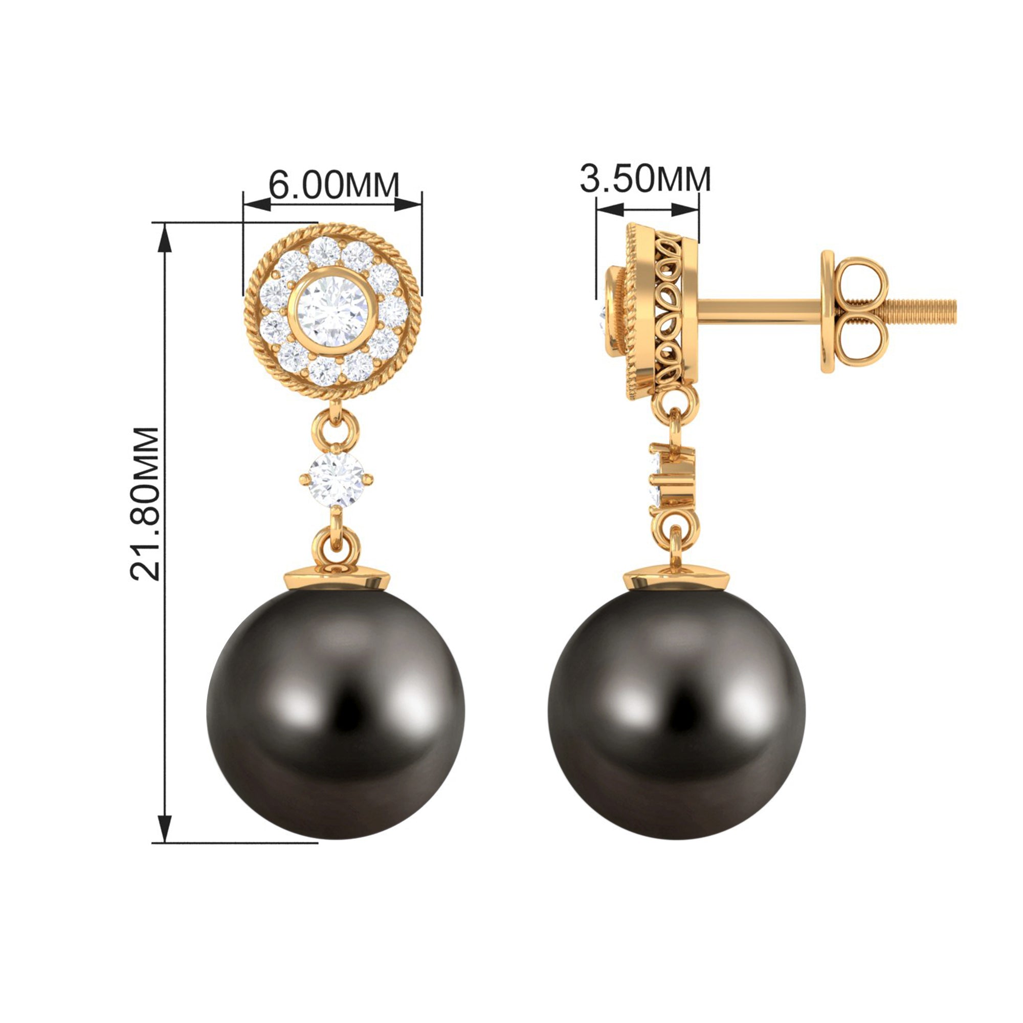 15.5 CT Tahitian Pearl Dangle Earrings with Diamond Stones Tahitian pearl - ( AAA ) - Quality - Rosec Jewels