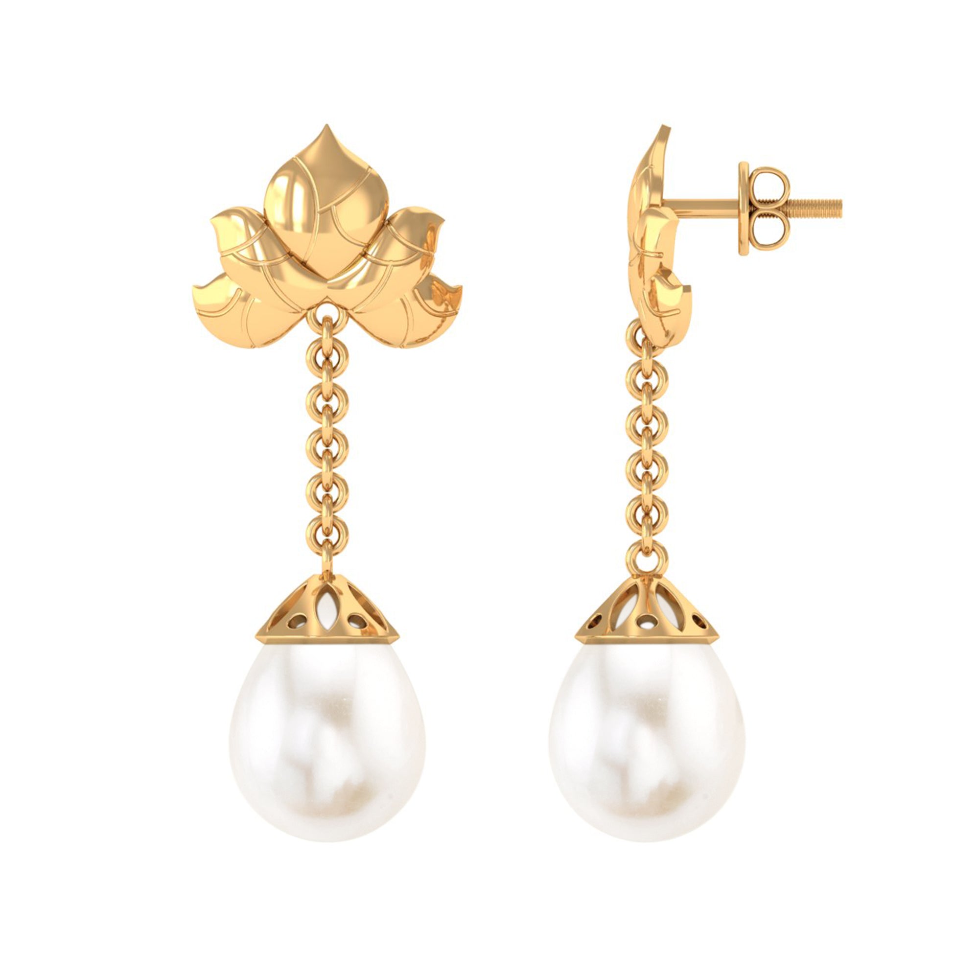 Natural Freshwater Pearl Dangle Earrings in Bead Set Freshwater Pearl - ( AAA ) - Quality - Rosec Jewels