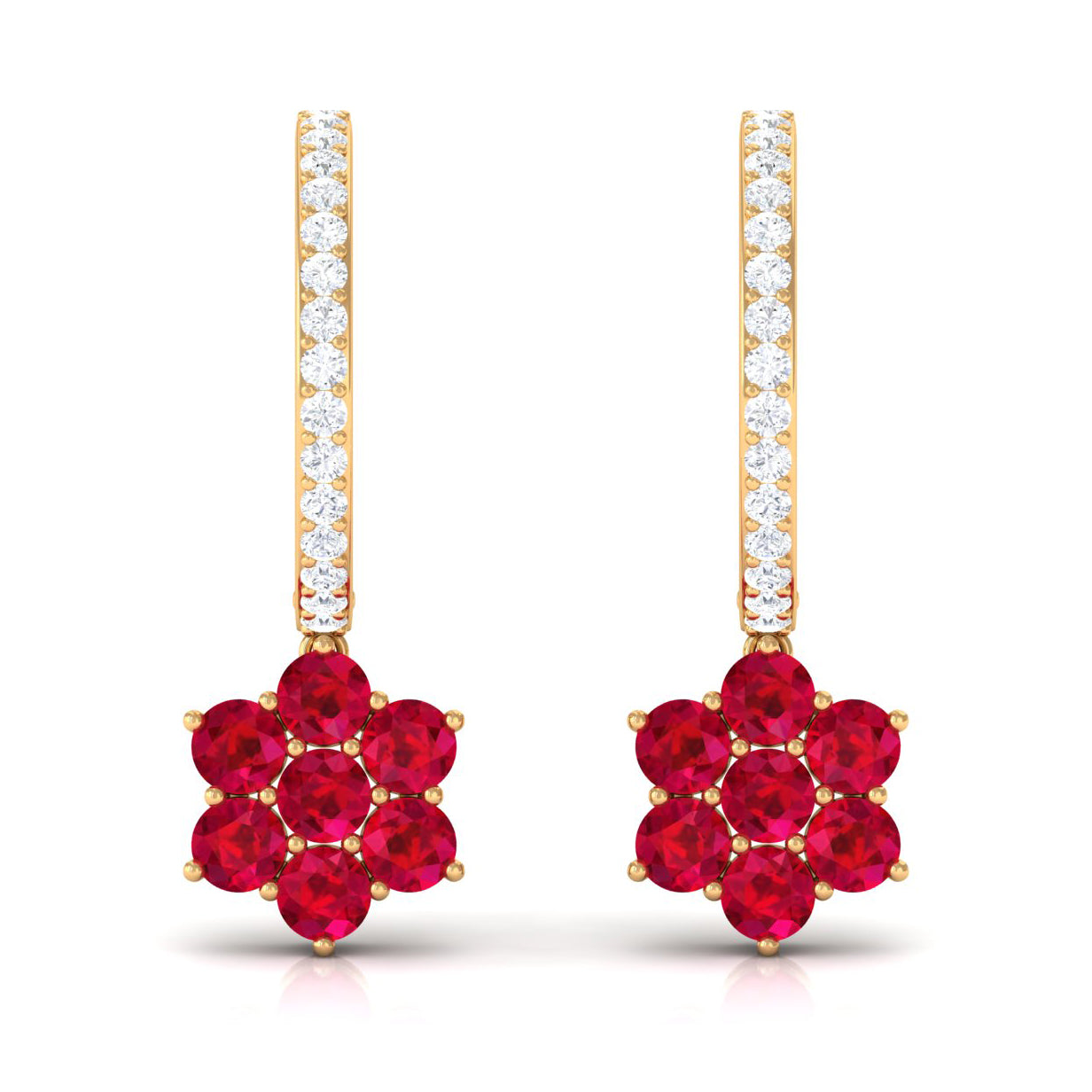 2.25 CT Created Ruby and Diamond Flower Drop Dangle Hoop Earrings Lab Created Ruby - ( AAAA ) - Quality - Rosec Jewels