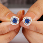 Created Blue Sapphire and Diamond Swirl Stud Earrings Lab Created Blue Sapphire - ( AAAA ) - Quality - Rosec Jewels