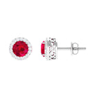 5 MM Created Ruby Halo Stud Earrings with Diamond Lab Created Ruby - ( AAAA ) - Quality - Rosec Jewels