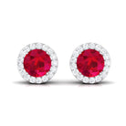 5 MM Created Ruby Halo Stud Earrings with Diamond Lab Created Ruby - ( AAAA ) - Quality - Rosec Jewels