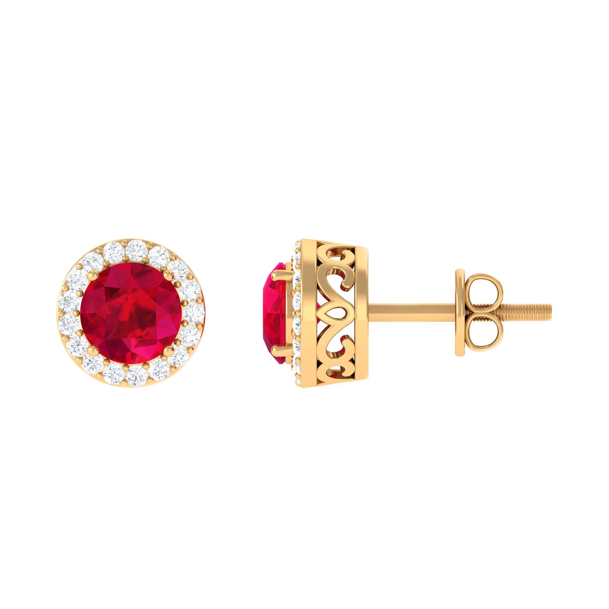 5 MM Created Ruby Halo Stud Earrings with Diamond Lab Created Ruby - ( AAAA ) - Quality - Rosec Jewels