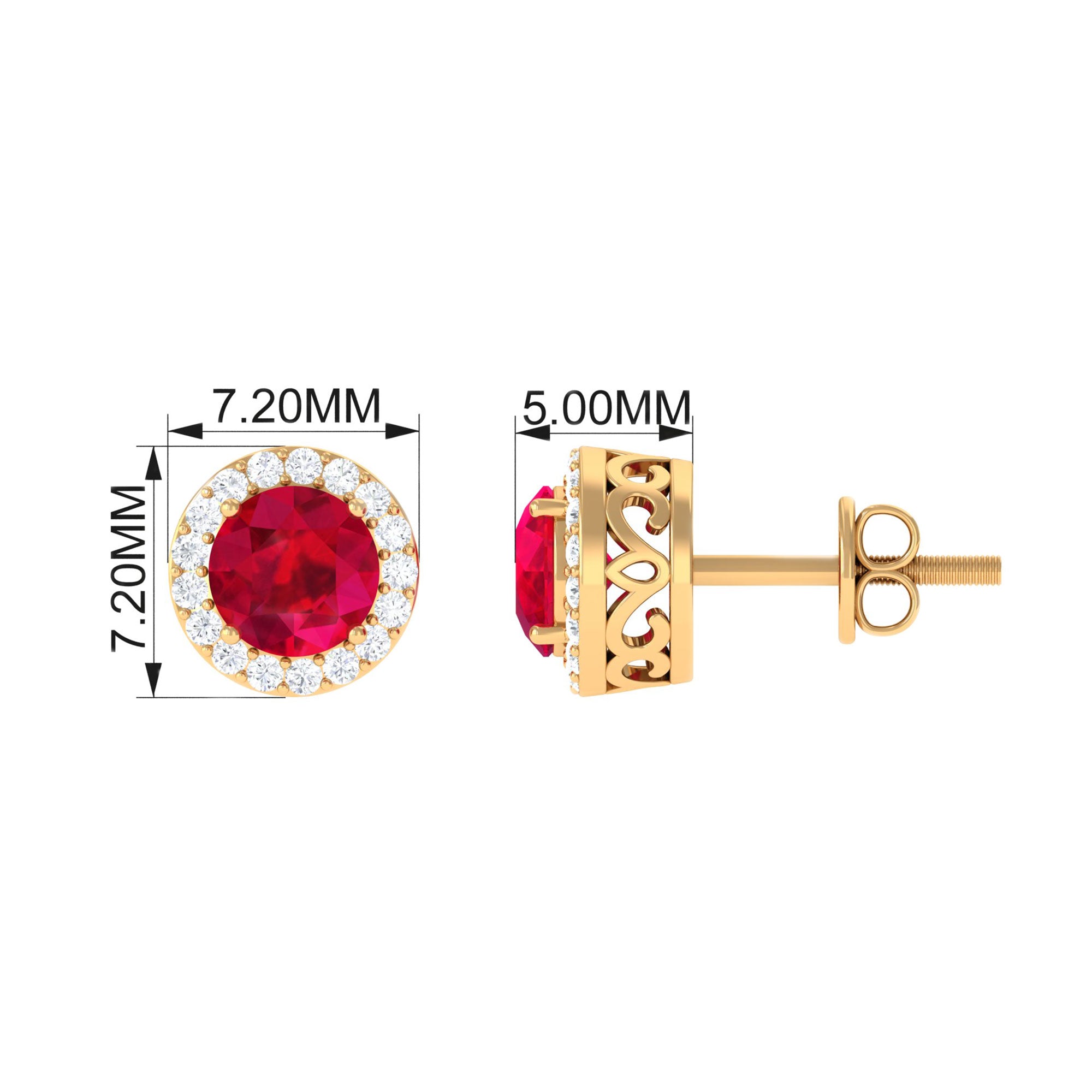 5 MM Created Ruby Halo Stud Earrings with Diamond Lab Created Ruby - ( AAAA ) - Quality - Rosec Jewels