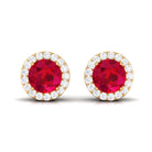 5 MM Created Ruby Halo Stud Earrings with Diamond Lab Created Ruby - ( AAAA ) - Quality - Rosec Jewels