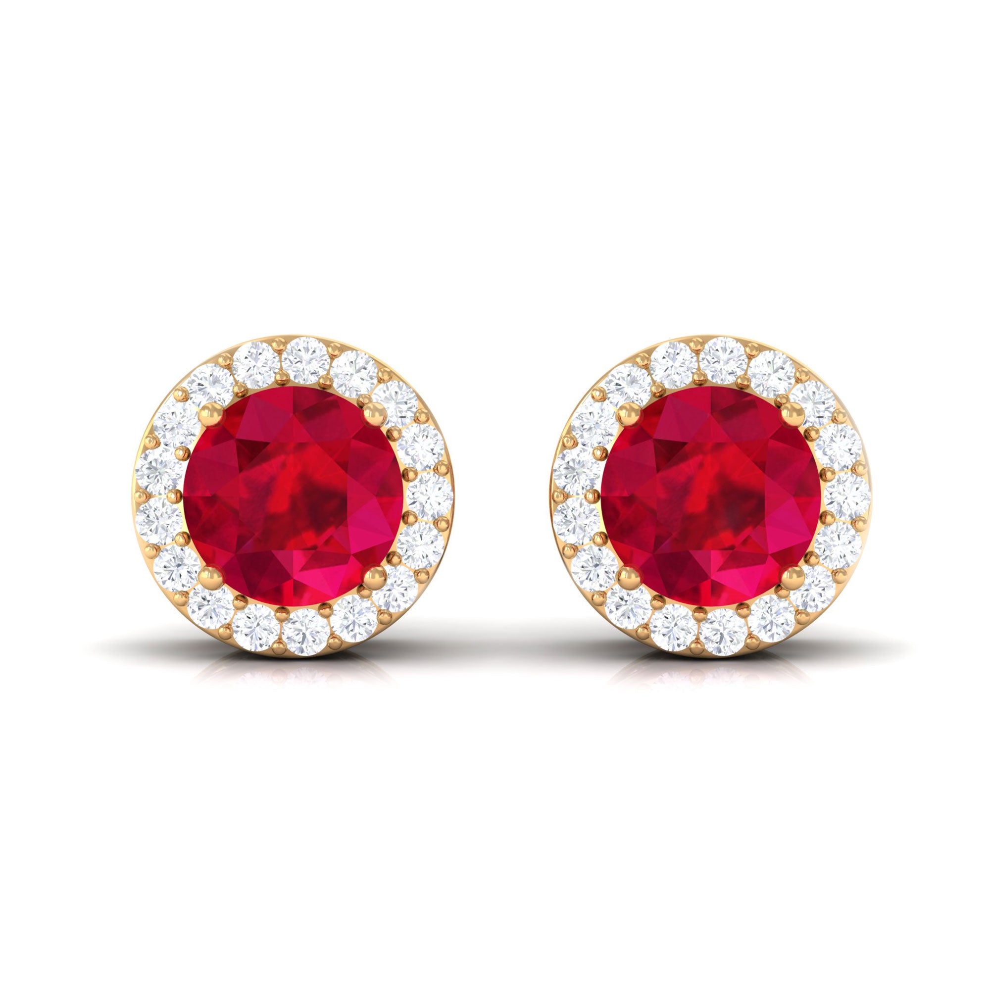 5 MM Created Ruby Halo Stud Earrings with Diamond Lab Created Ruby - ( AAAA ) - Quality - Rosec Jewels