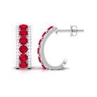 Created Ruby J Hoop Earrings with Diamond Accent Lab Created Ruby - ( AAAA ) - Quality - Rosec Jewels