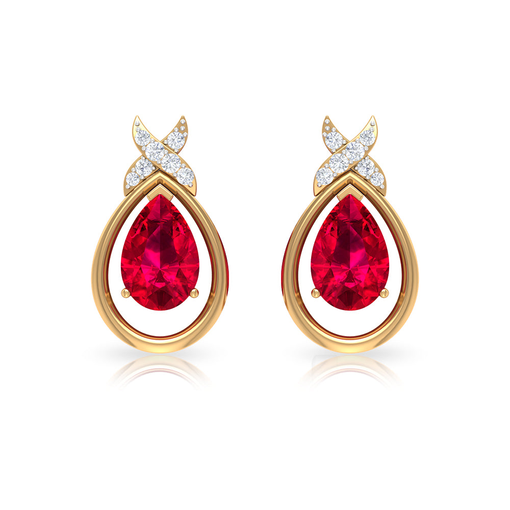 Classic Created Ruby and Diamond Teardrop Stud Earrings Lab Created Ruby - ( AAAA ) - Quality - Rosec Jewels