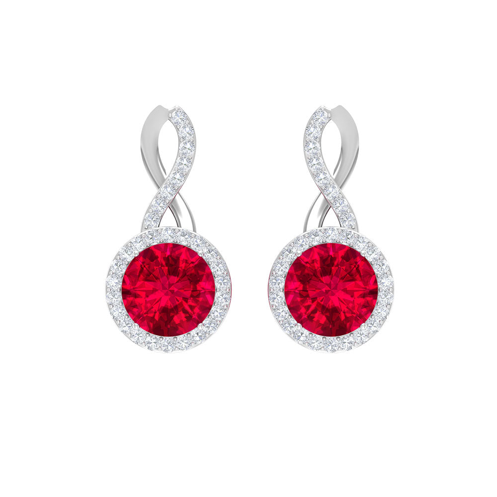 Infinity Drop Halo Earrings with 1.50 CT Diamonds and Created Ruby Lab Created Ruby - ( AAAA ) - Quality - Rosec Jewels