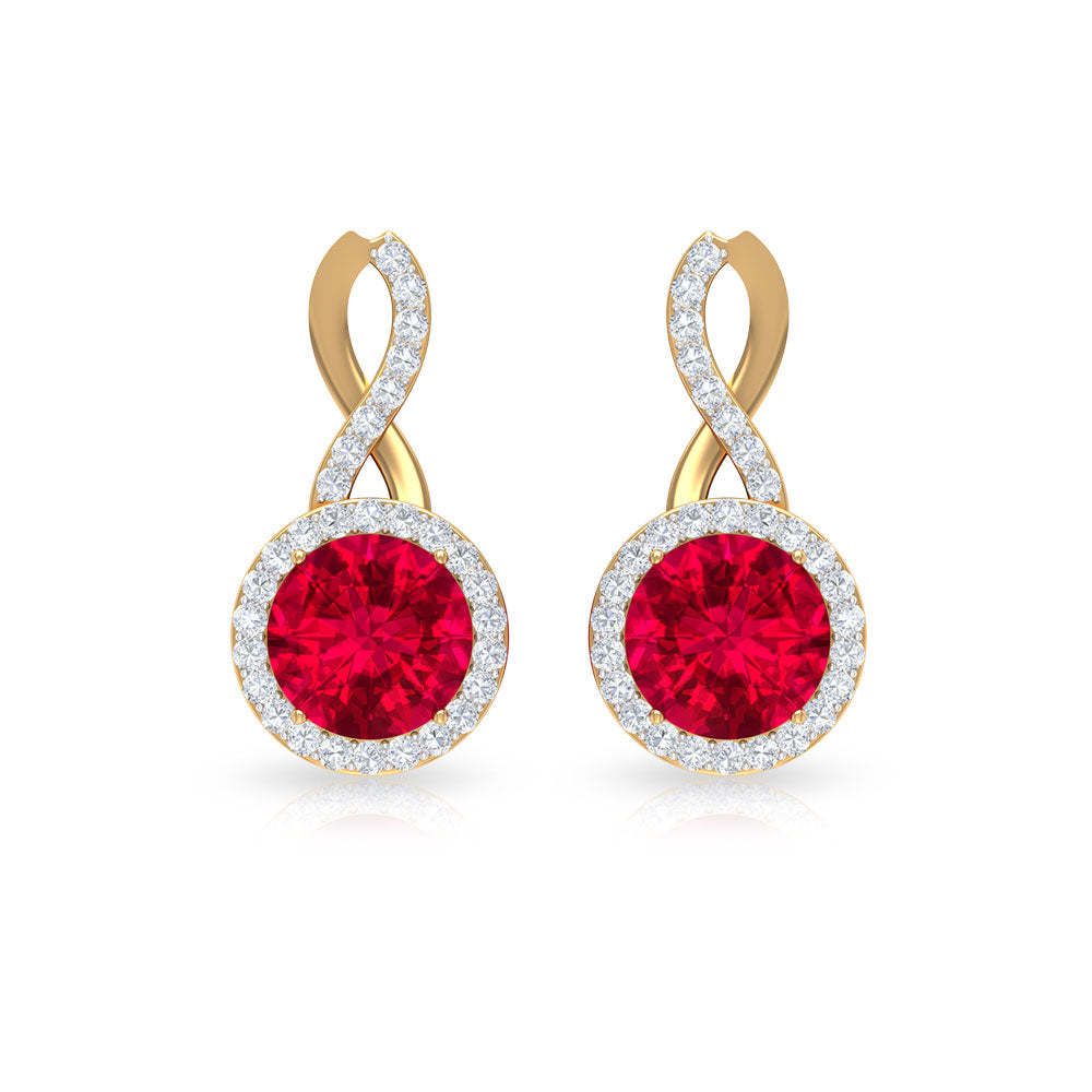 Infinity Drop Halo Earrings with 1.50 CT Diamonds and Created Ruby Lab Created Ruby - ( AAAA ) - Quality - Rosec Jewels