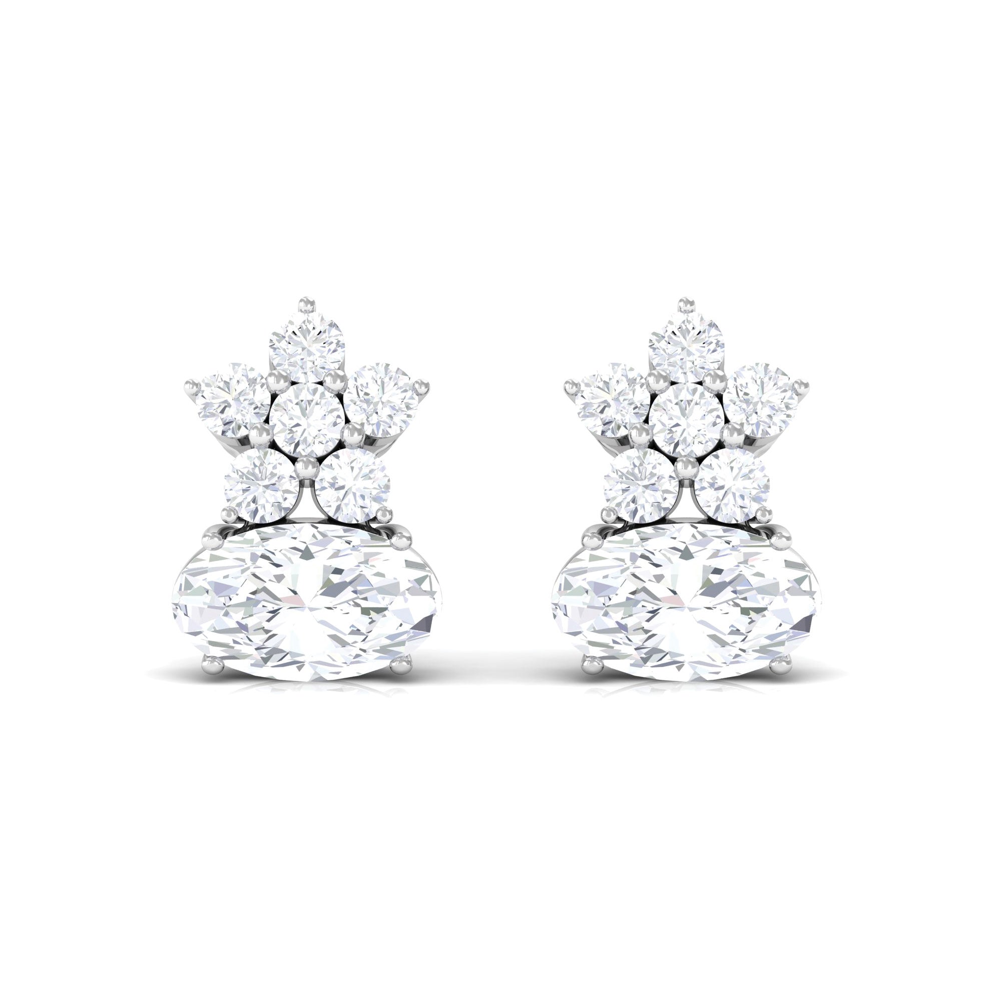 1 CT Flower Stud Earrings with Round and Oval Cubic Zirconia Zircon - ( AAAA ) - Quality - Rosec Jewels