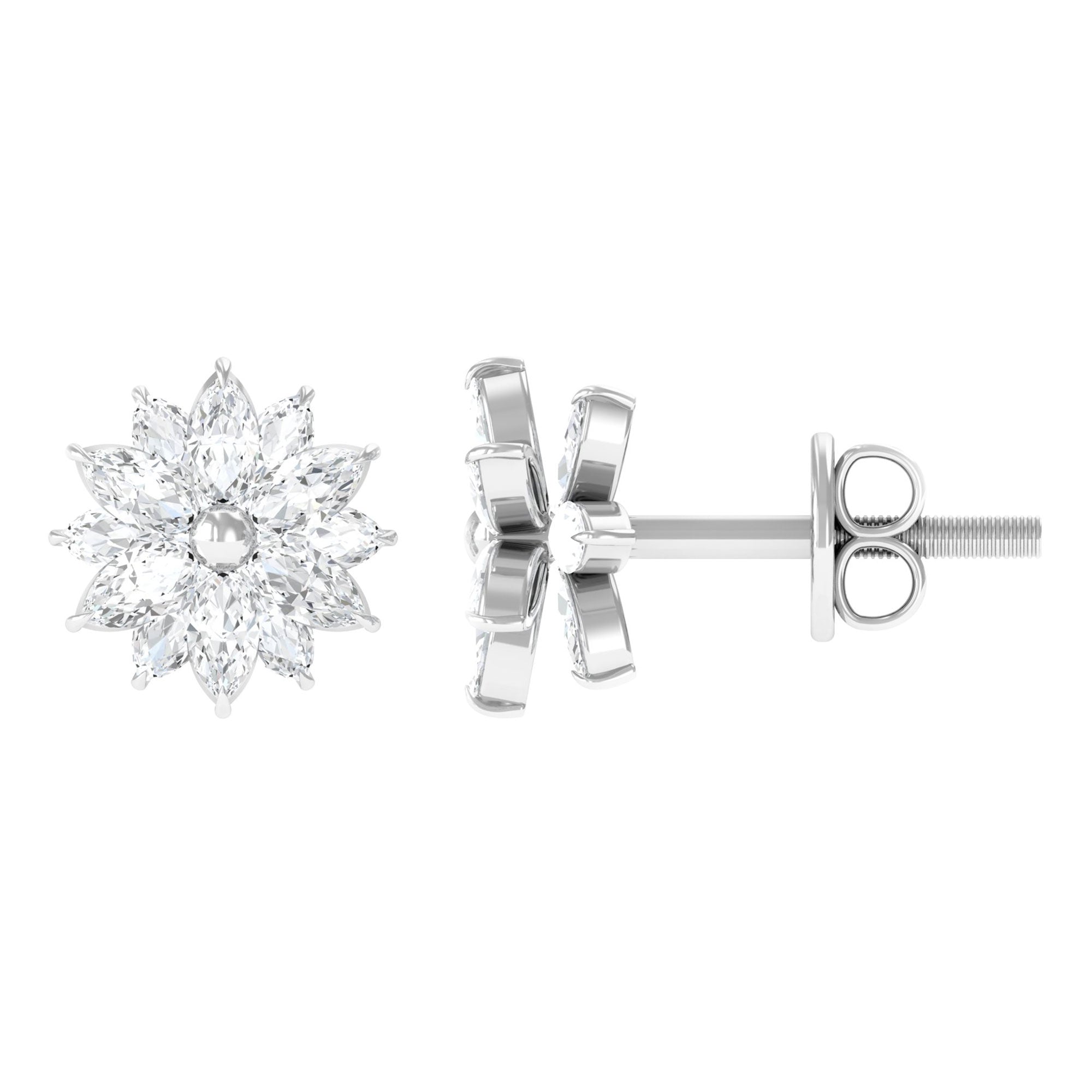 Statement Flower Stud Earrings with Marquise Cubic Zirconia Zircon - ( AAAA ) - Quality - Rosec Jewels