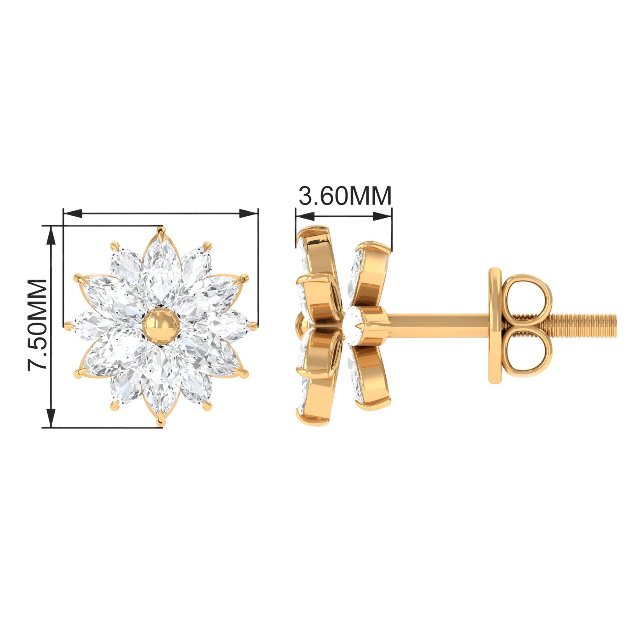 Statement Flower Stud Earrings with Marquise Cubic Zirconia Zircon - ( AAAA ) - Quality - Rosec Jewels