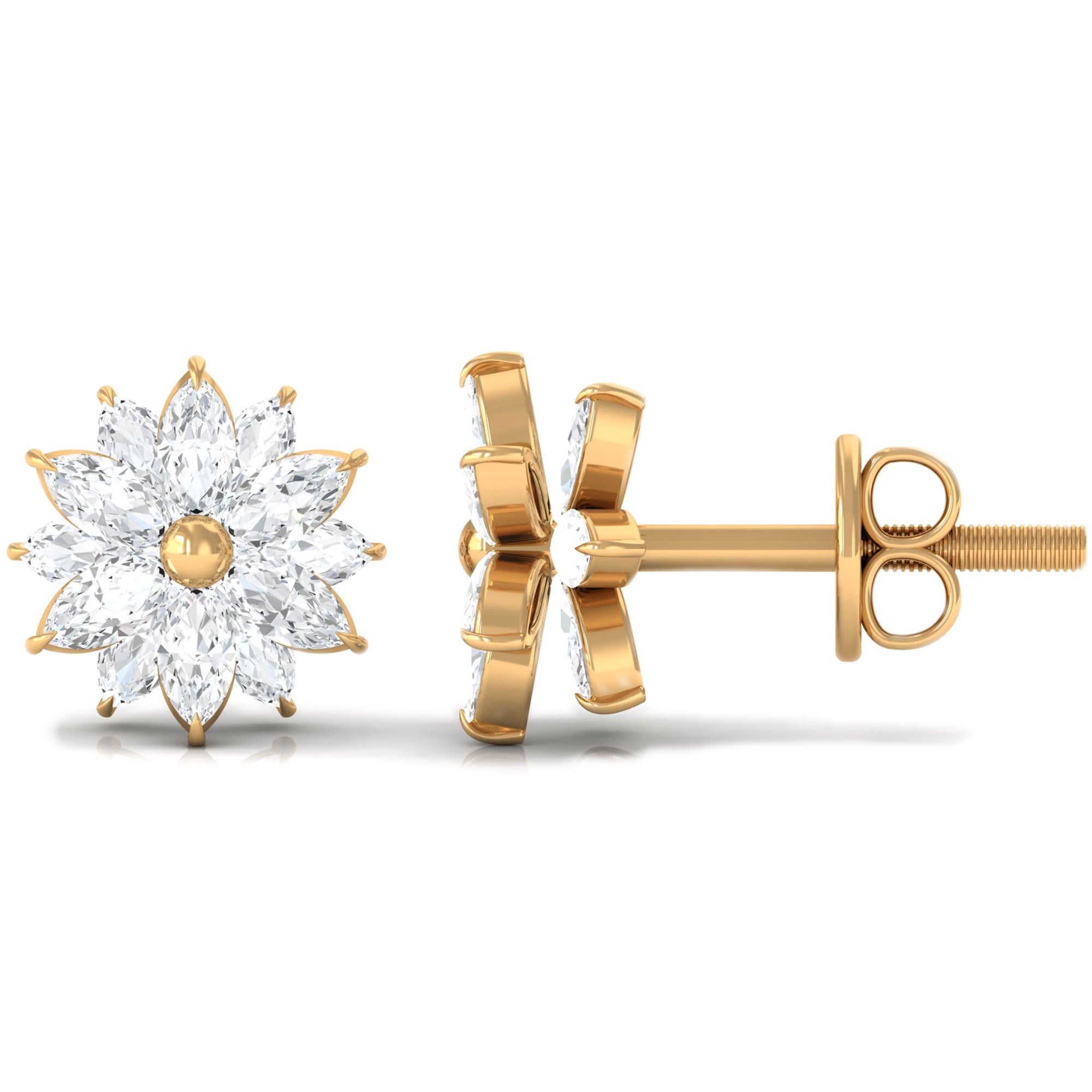 Statement Flower Stud Earrings with Marquise Cubic Zirconia Zircon - ( AAAA ) - Quality - Rosec Jewels