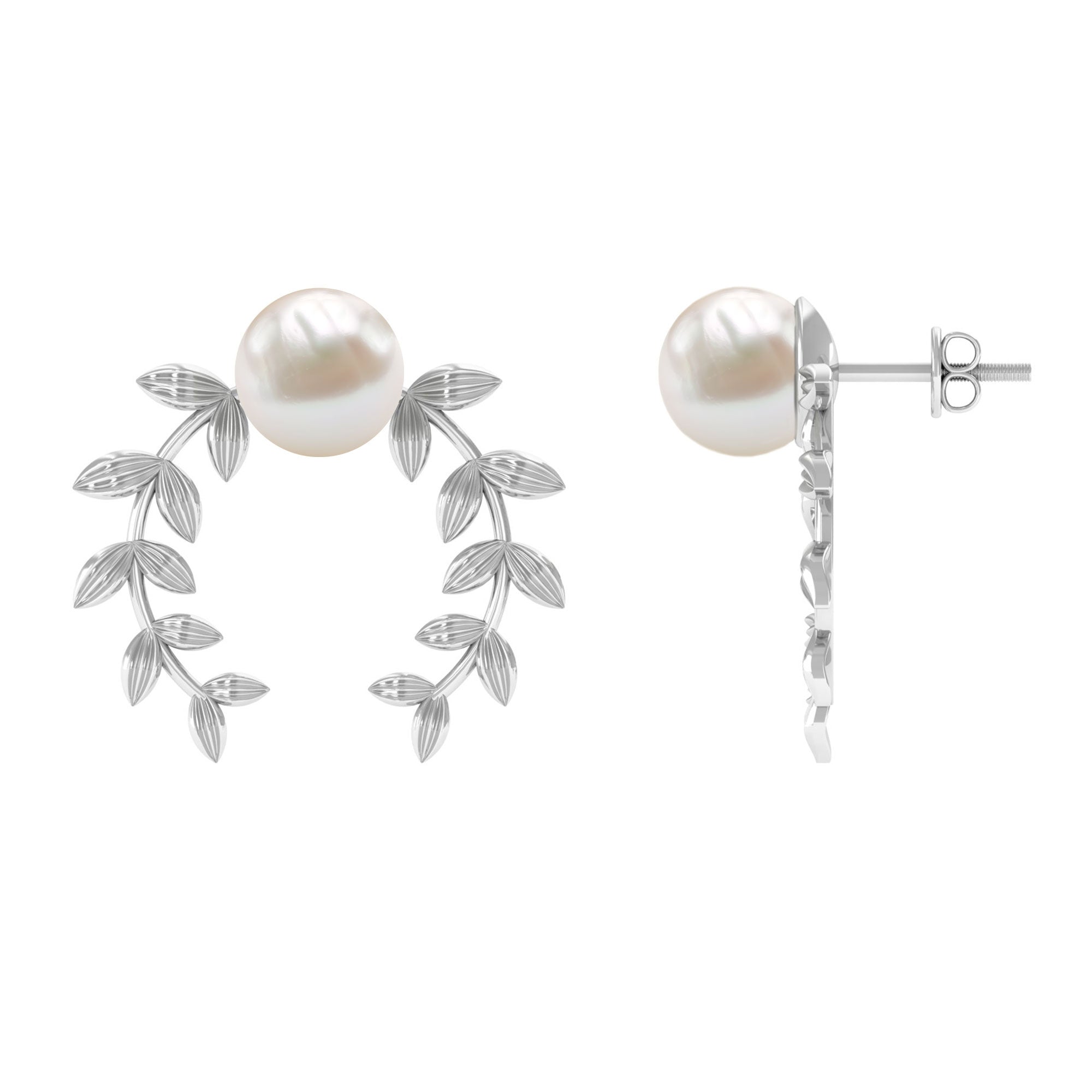 2.75 CT Freshwater Pearl Stud Earrings with Gold Leaf Motifs Freshwater Pearl - ( AAA ) - Quality - Rosec Jewels