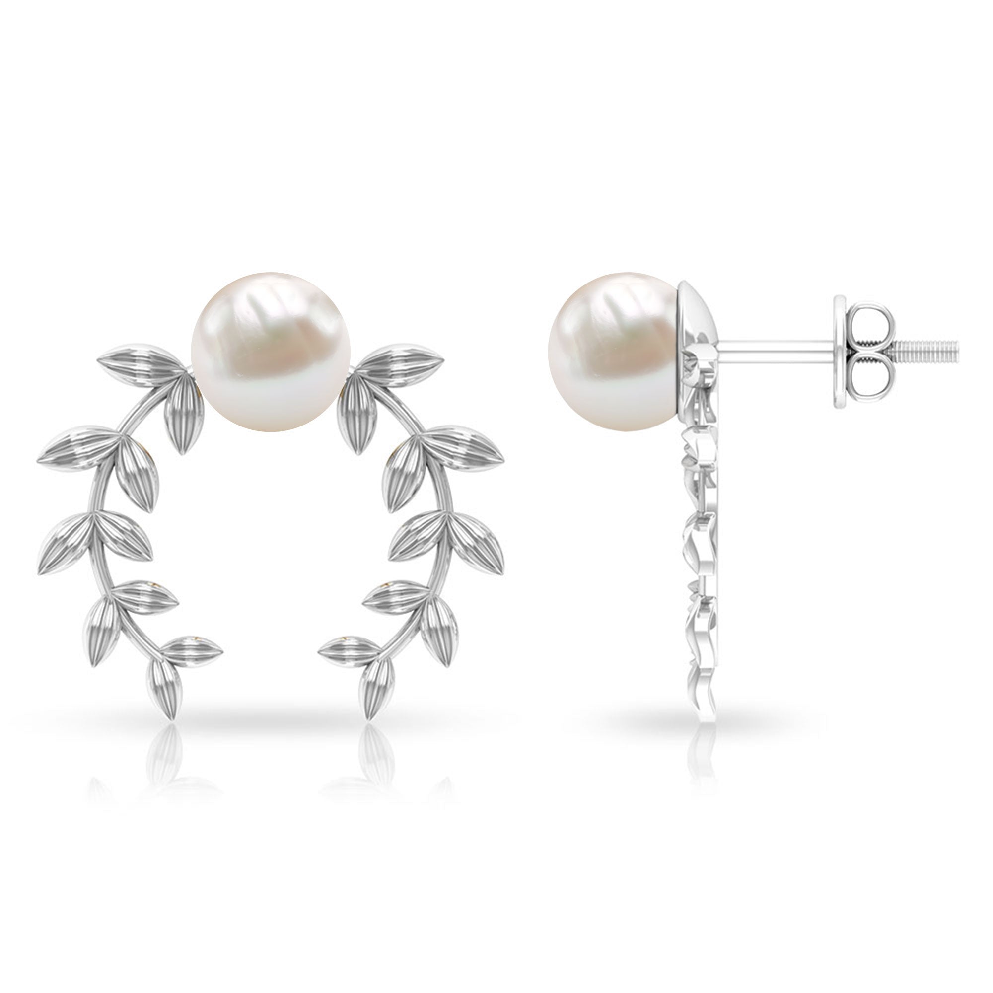 2.75 CT Freshwater Pearl Stud Earrings with Gold Leaf Motifs Freshwater Pearl - ( AAA ) - Quality - Rosec Jewels