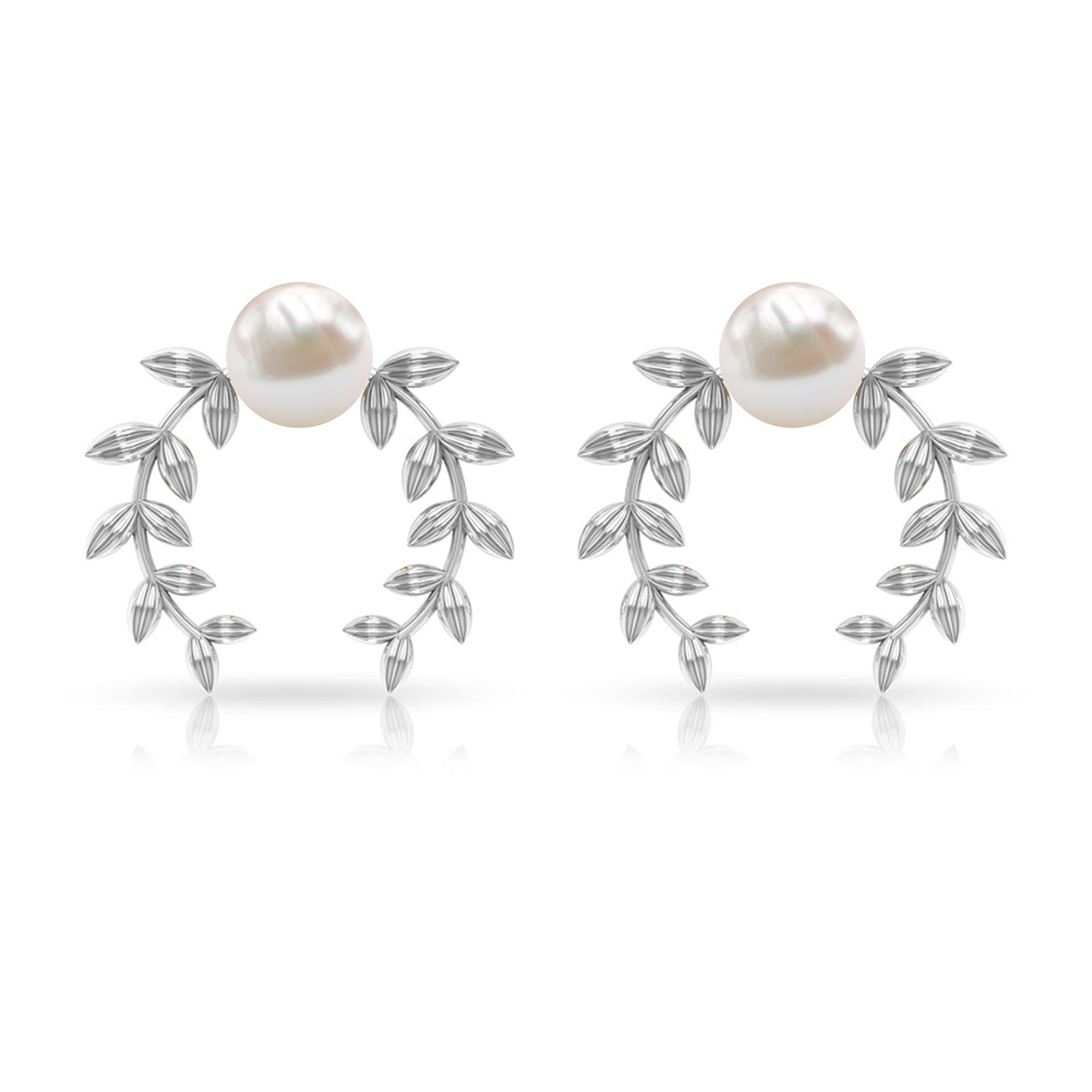 2.75 CT Freshwater Pearl Stud Earrings with Gold Leaf Motifs Freshwater Pearl - ( AAA ) - Quality - Rosec Jewels