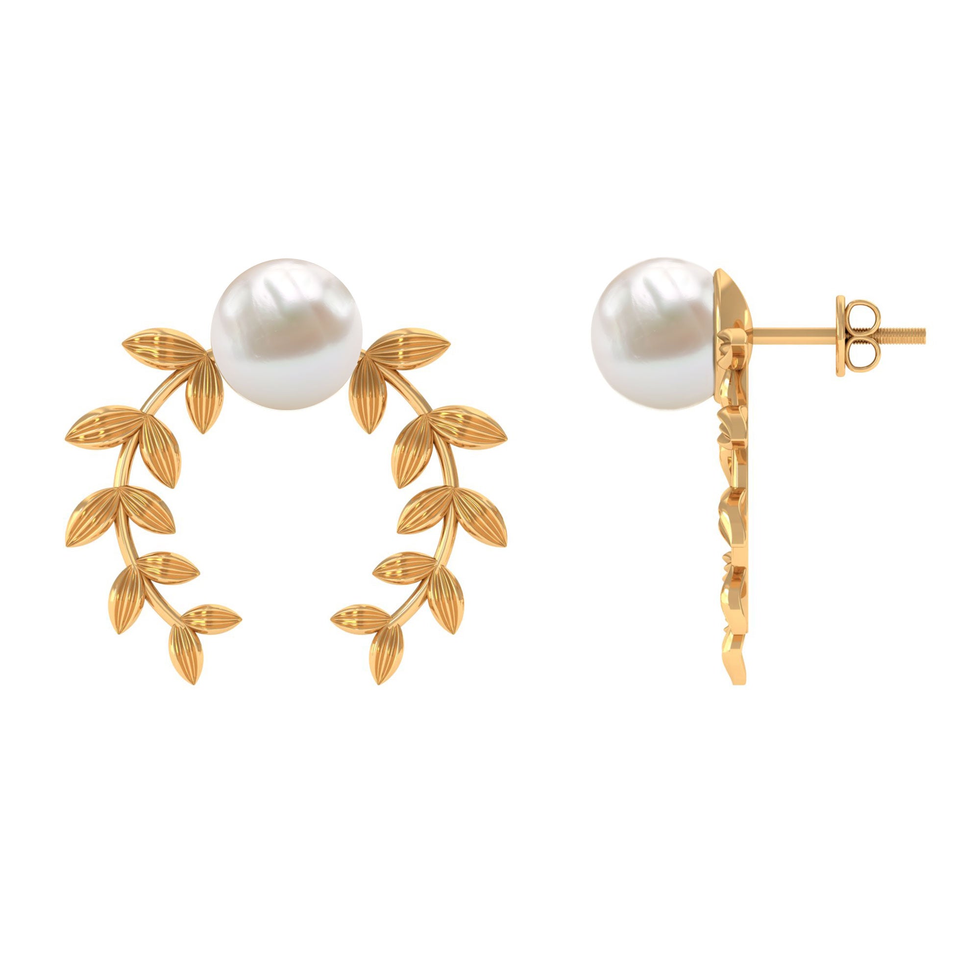 2.75 CT Freshwater Pearl Stud Earrings with Gold Leaf Motifs Freshwater Pearl - ( AAA ) - Quality - Rosec Jewels