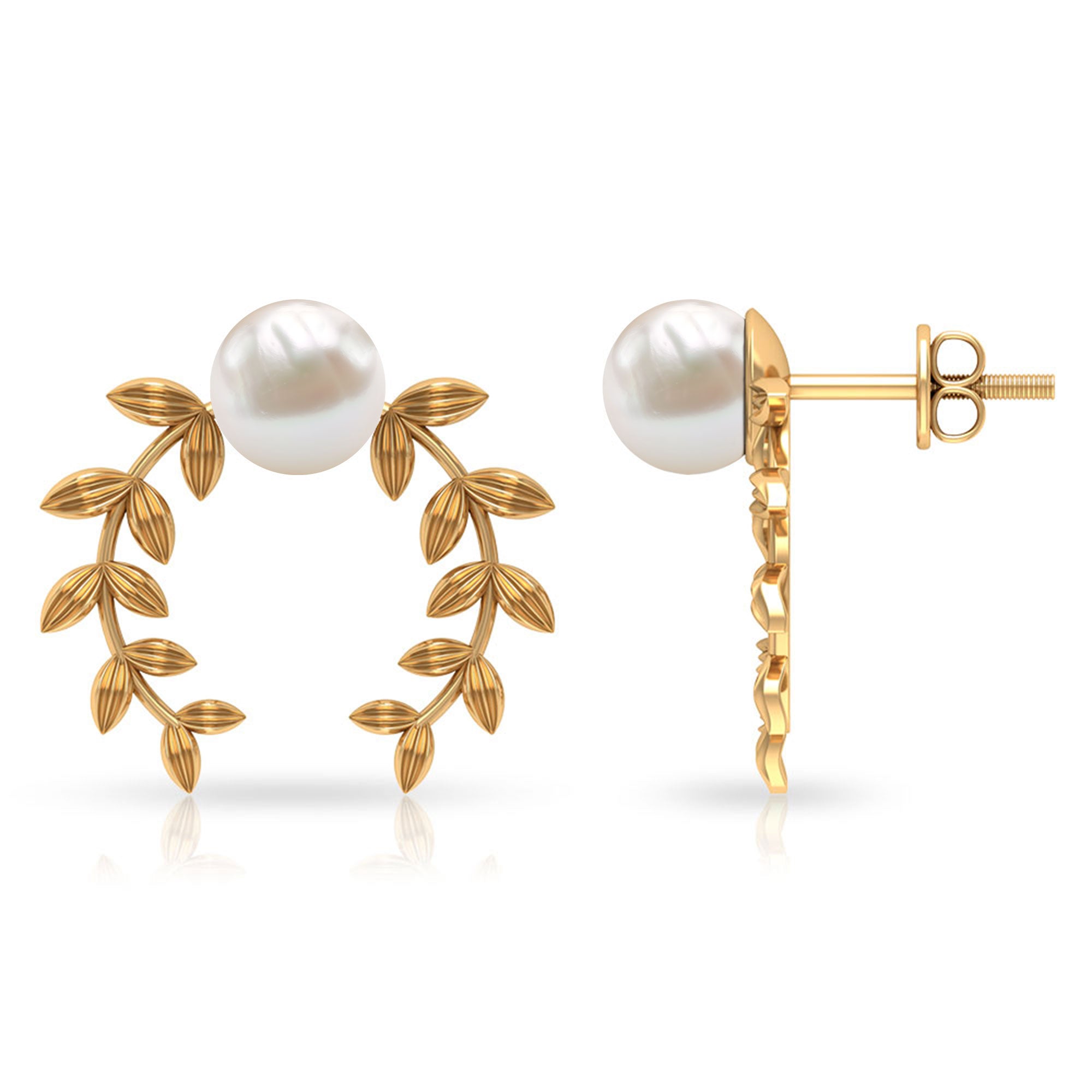 2.75 CT Freshwater Pearl Stud Earrings with Gold Leaf Motifs Freshwater Pearl - ( AAA ) - Quality - Rosec Jewels