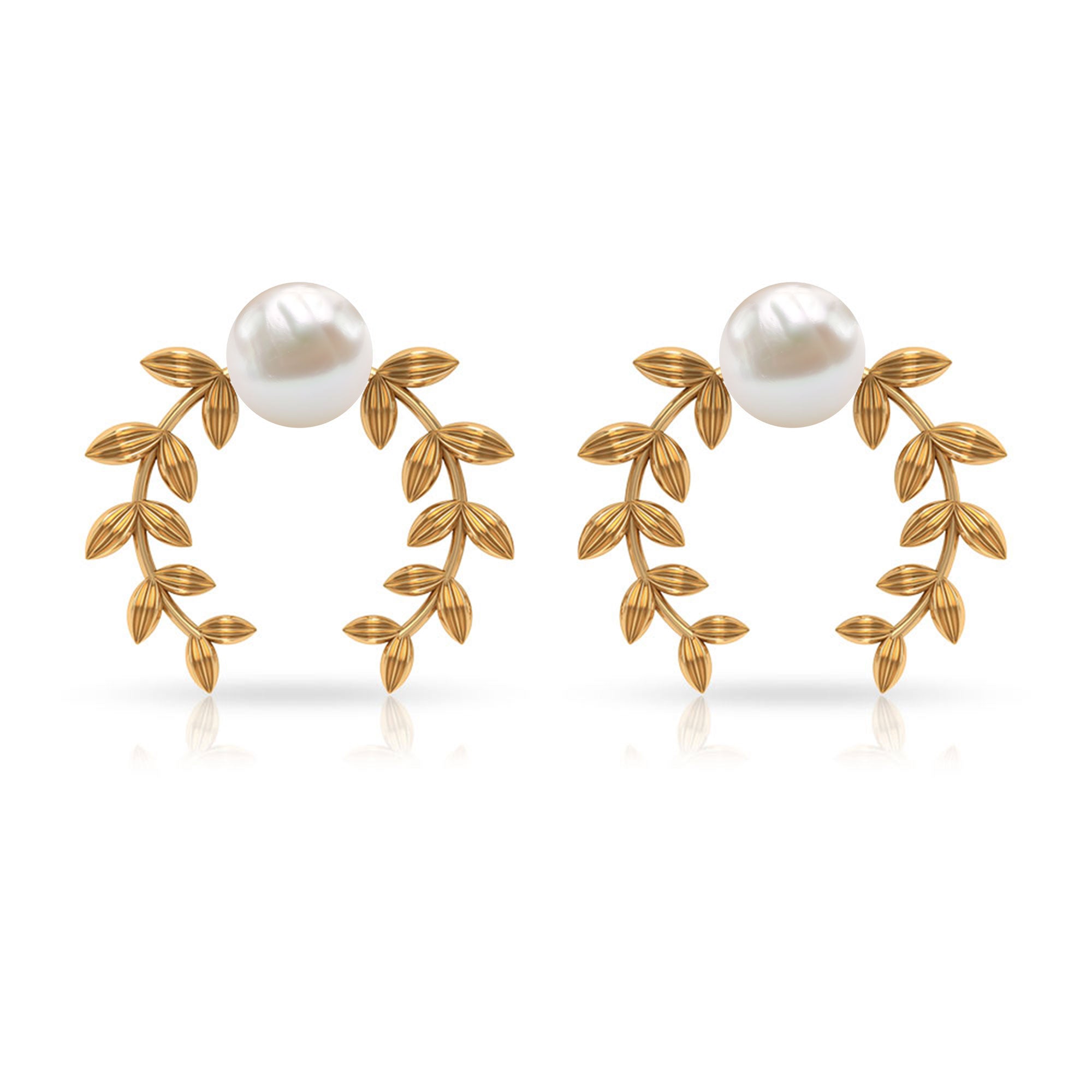 2.75 CT Freshwater Pearl Stud Earrings with Gold Leaf Motifs Freshwater Pearl - ( AAA ) - Quality - Rosec Jewels