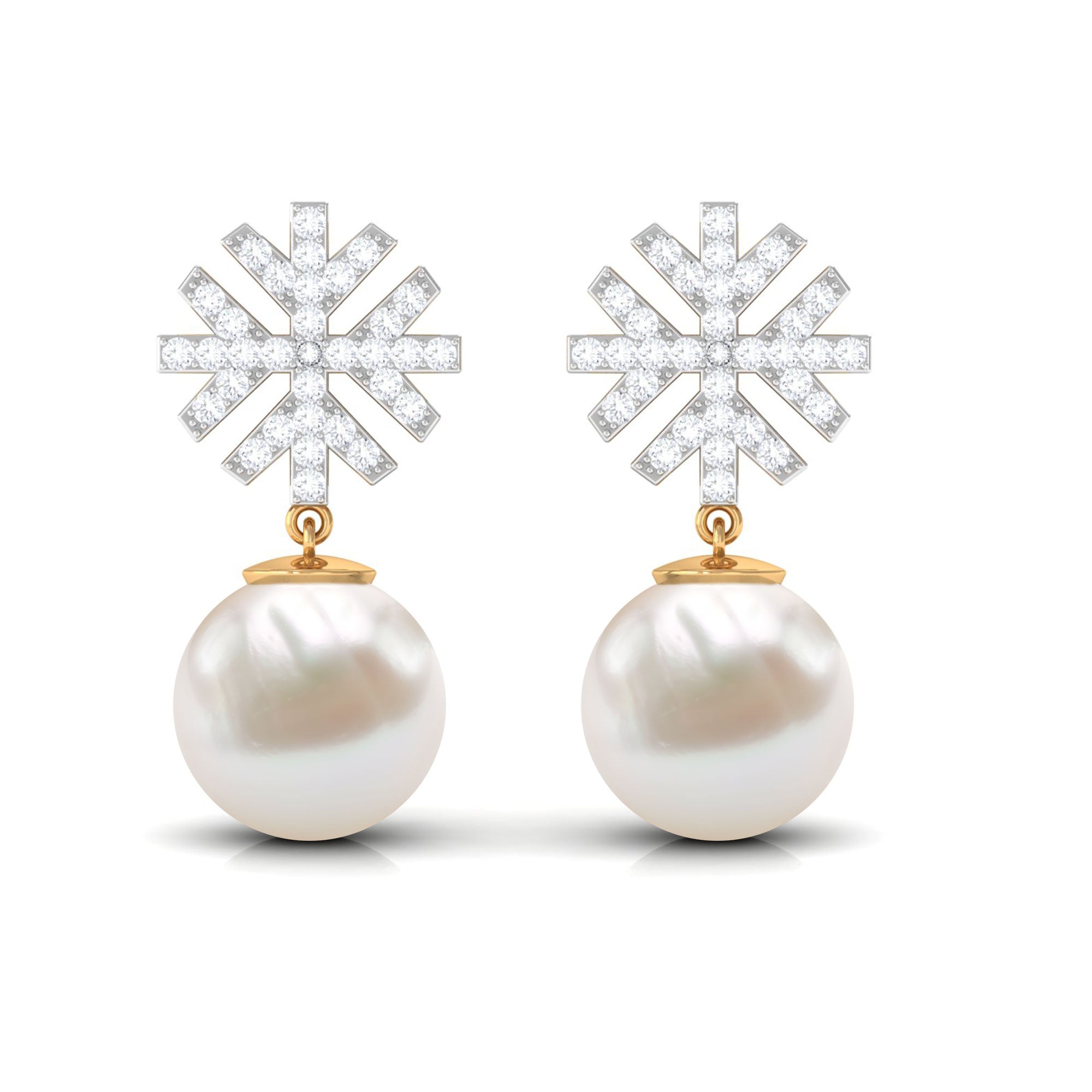 Freshwater Pearl Drop Earrings with Round Shape Diamond Stones Freshwater Pearl - ( AAA ) - Quality - Rosec Jewels