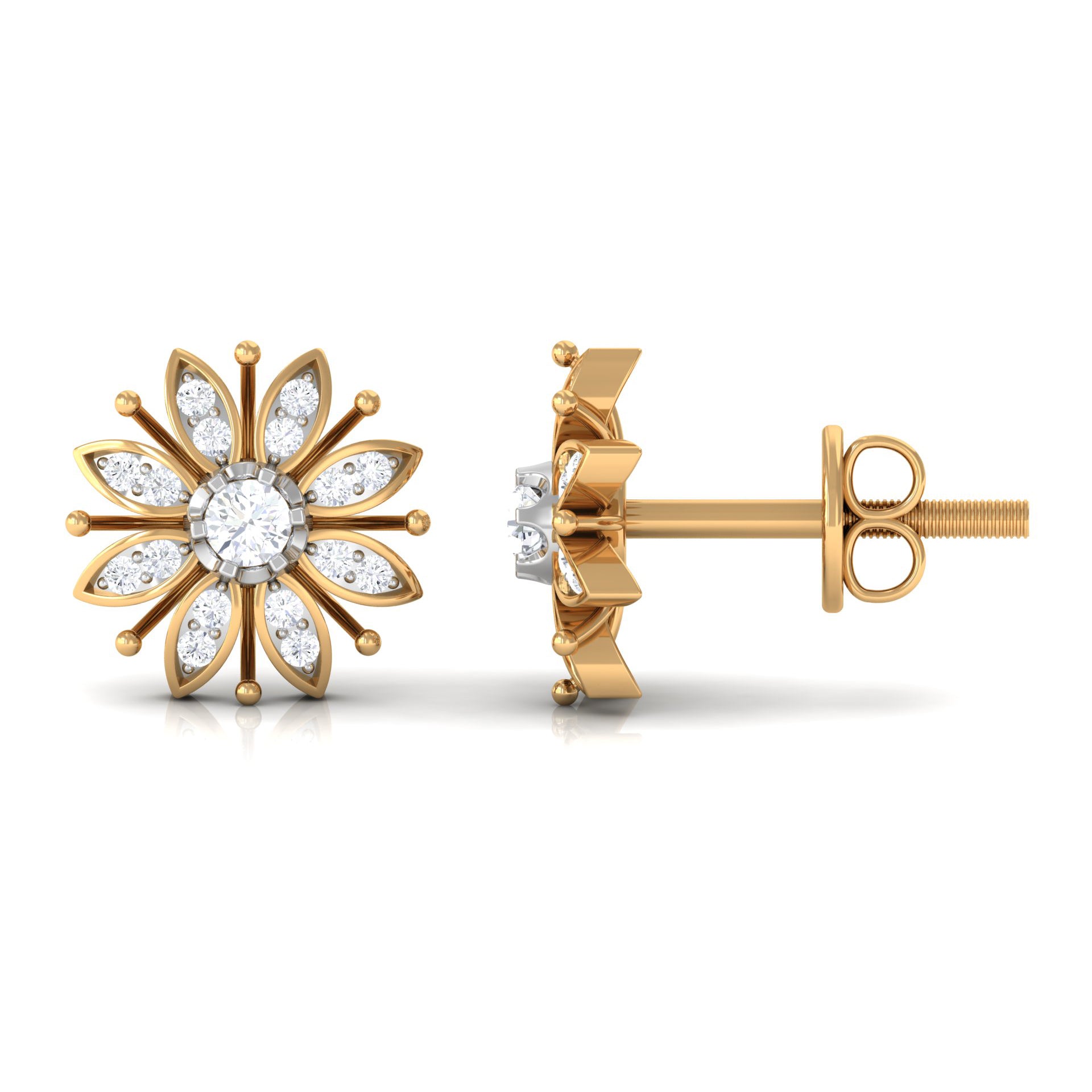 1/4 CT Real Diamond Flower Two Tone Gold Stud Earrings Diamond - ( HI-SI ) - Color and Clarity - Rosec Jewels